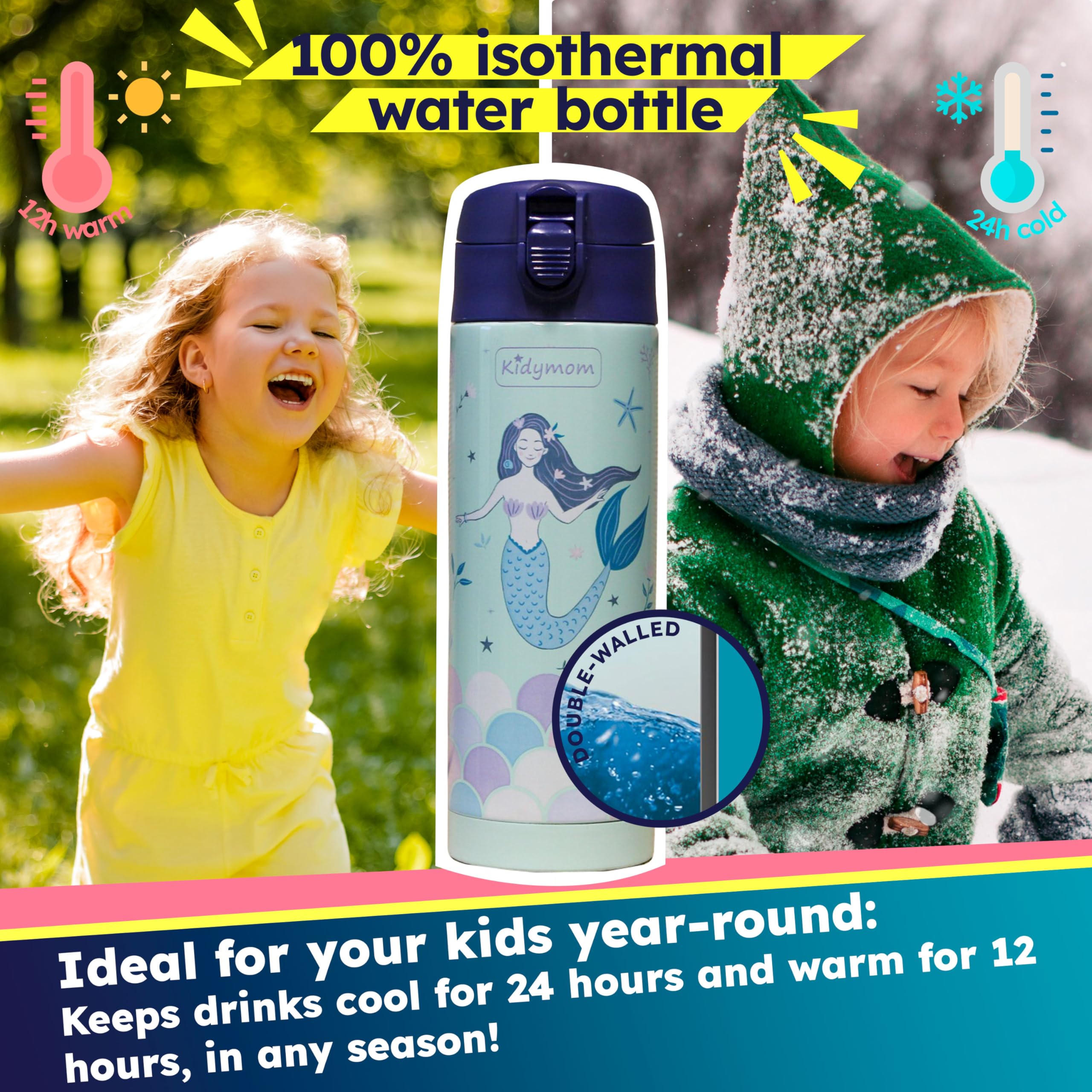 Botella isotérmica infantil de acero inoxidable, 100% antifugas, 350 ml + bolsa con nombre personalizable, caño vertedor e higiene que una paja, regalo de niña o niño, pequeña botella termo