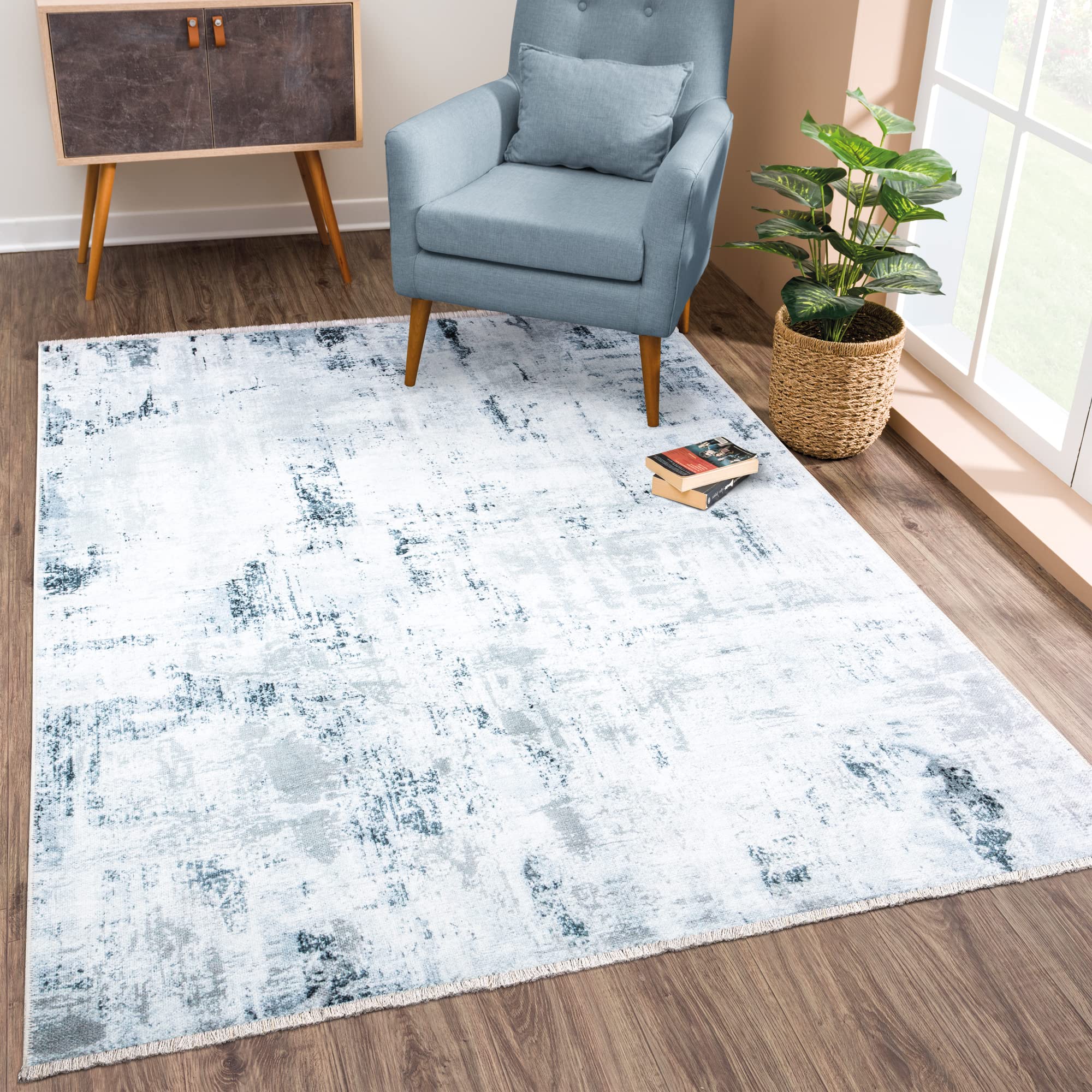 Bloom Rugs Caria Washable Non-Slip 5x7 Rug - Ivory/Silver/Blue Modern Abstract Area Rug for Living Room, Bedroom, Dining Room, and Kitchen - Exact