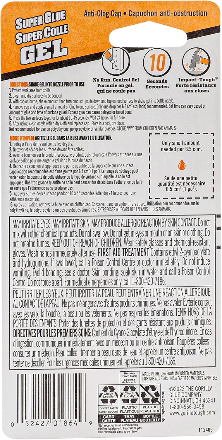 Gorilla Super Glue Gel, Fast-Setting, Thick Formula with Anti-Clog Cap, Clear Cyanoacrylate, 0.53oz/15g, Pack of 1 - Image 2