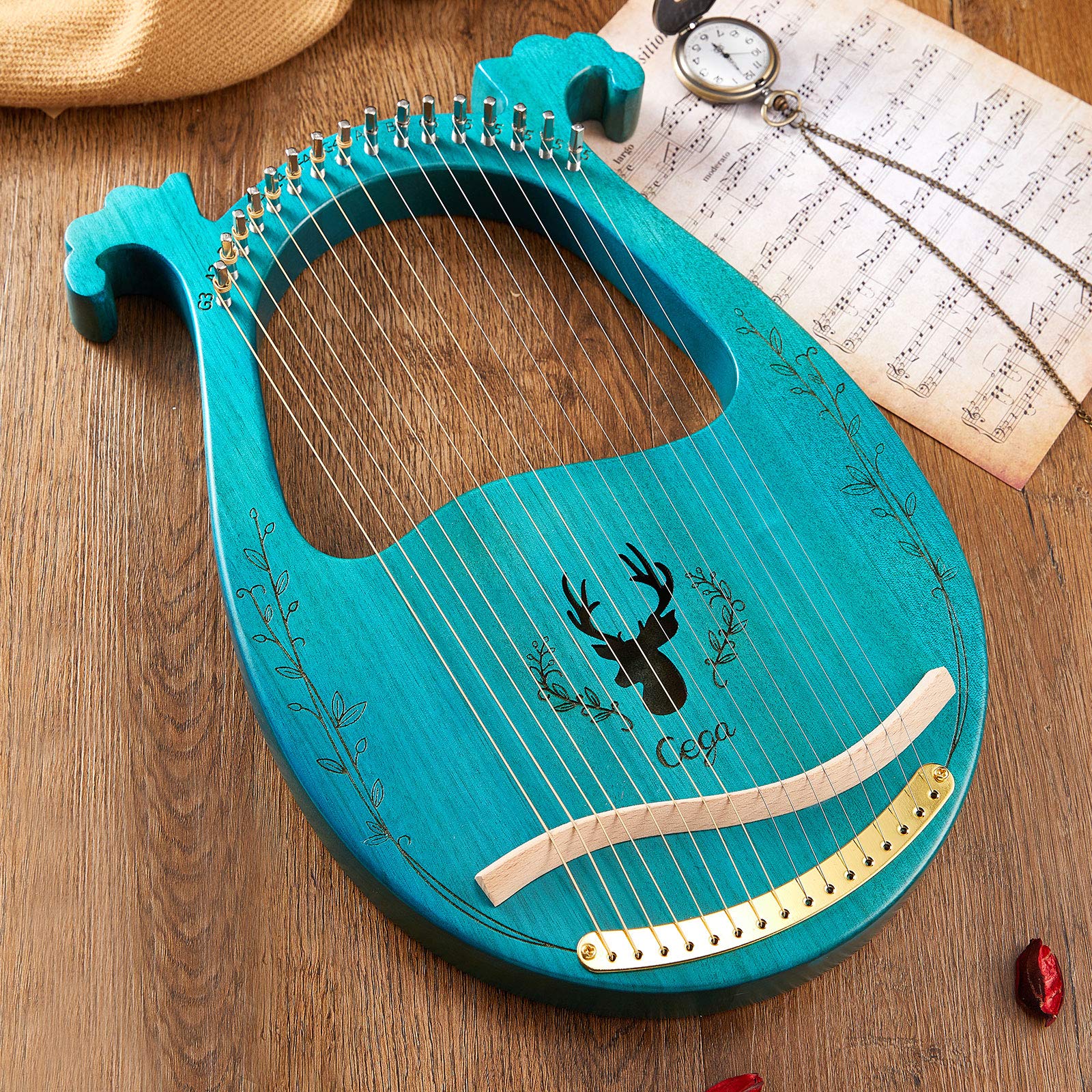 Arpa de lira de madera de 16 cuerdas con caja de resonancia, cuerdas de acero, llave de afinación, juego de 3 púas, juego de calcomanías y usuario, instrumento musical para principiantes, músicos