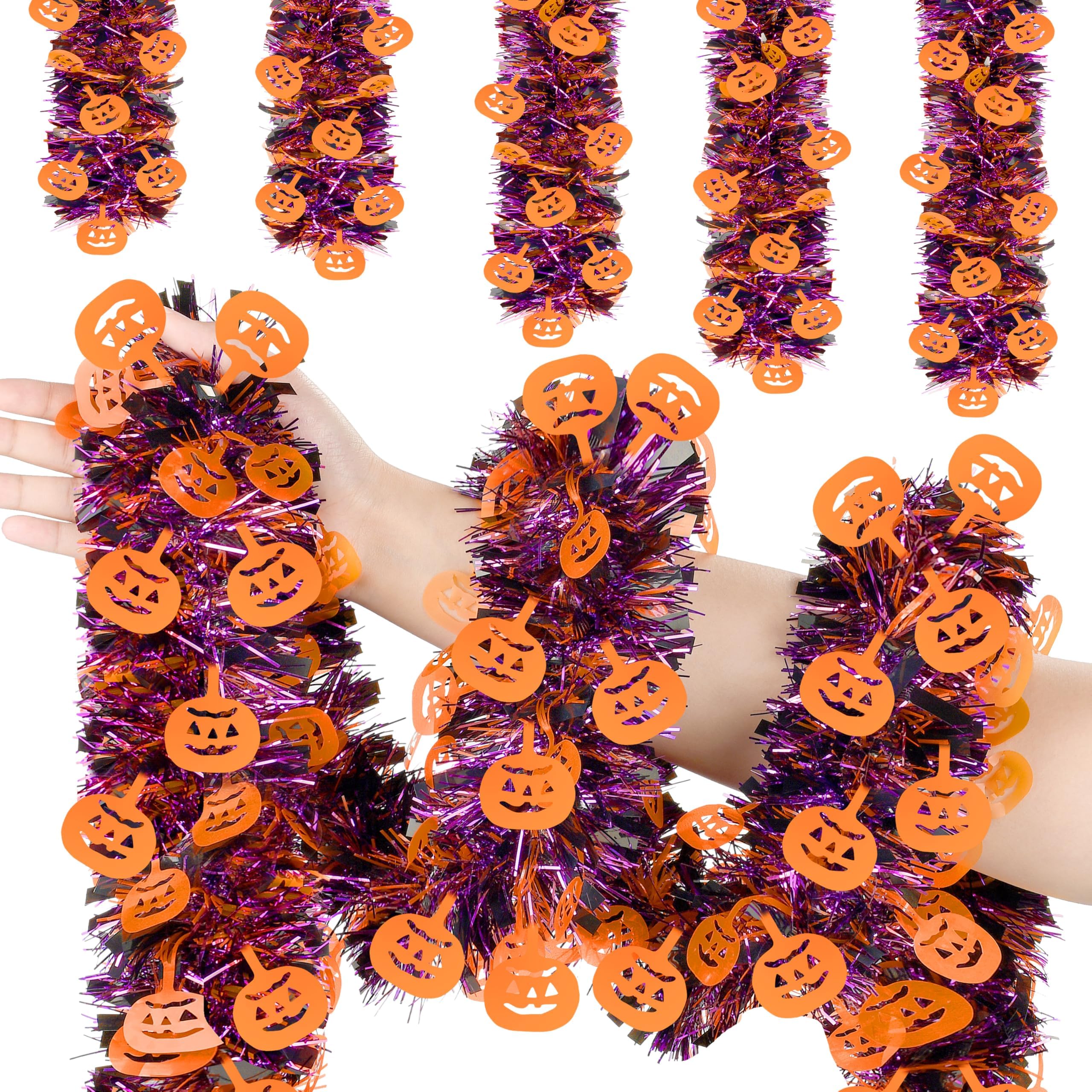 50 FT Halloween Tinsel Garland, Glitter Tinsel Garlands with Purple Orange Pumpkin, Metallic Holiday Hanging Streamers for Halloween Party Supplies Indoor Outdoor Decoration