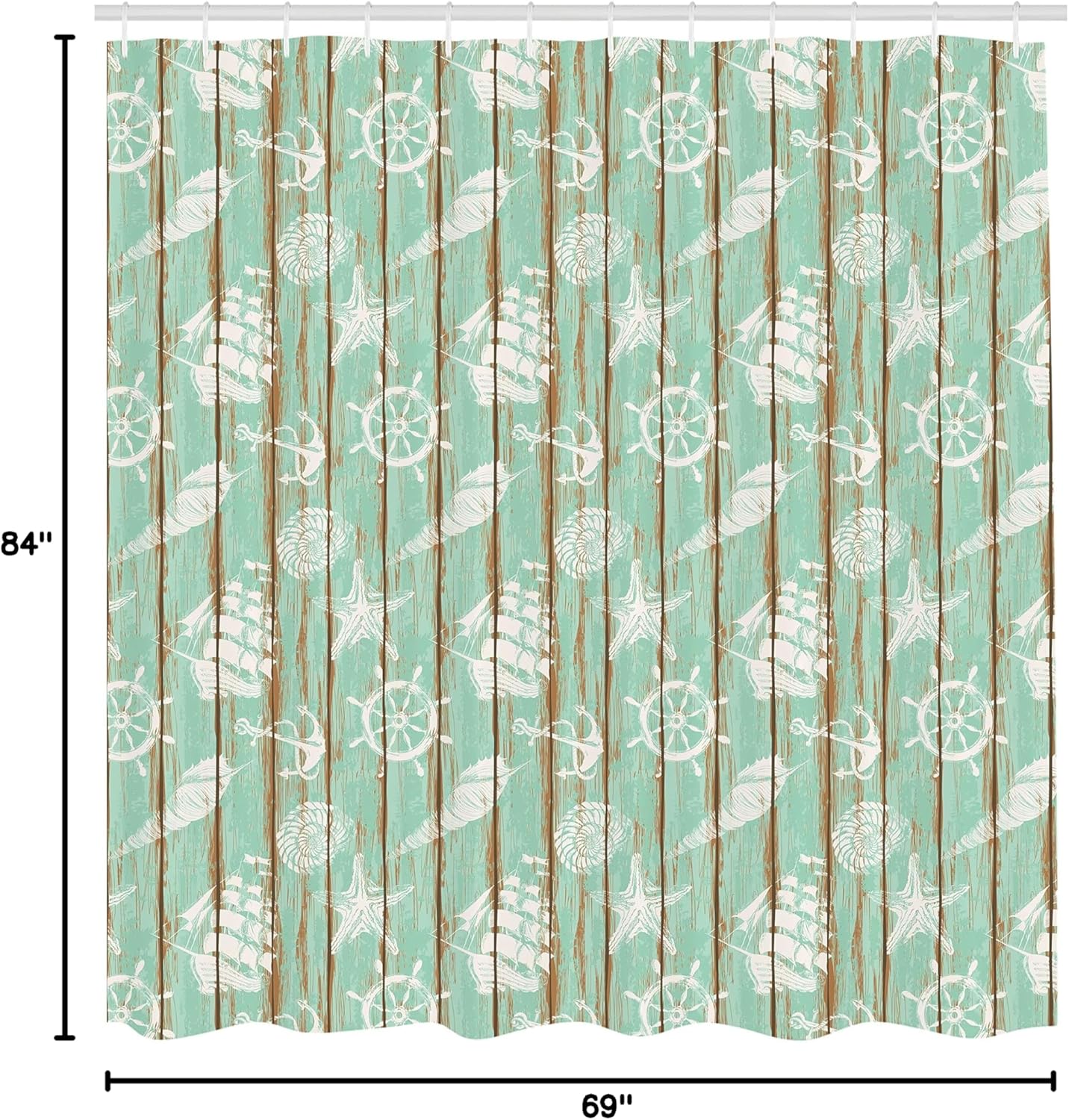 Ambesonne Ships Wheel Shower Curtain, Old Boards Ship Deck Pattern Painted by Anchor Wheel Seashell Starfish Sailboat, Cloth Fabric Bathroom Decor Set with Hooks, 69" W x 84" L, Mint Green