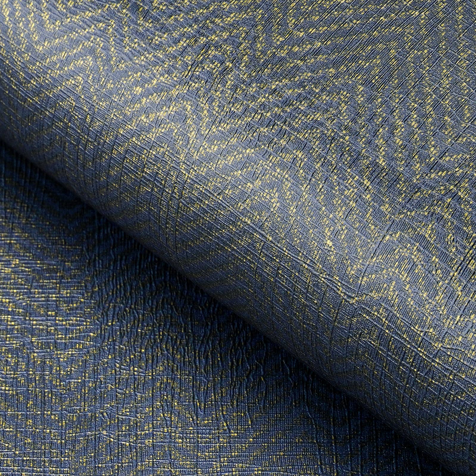 FunStick 24"x200" Dark Blue and Gold Grasscloth Peel and Stick Wallpaper Textured Geometric Grass Cloth Wallpaper Rolls for Bedroom Walls Waterproof