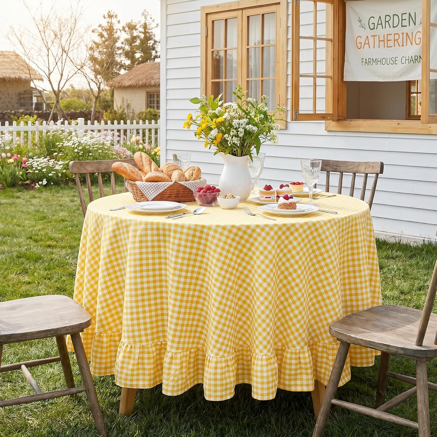 PartyDelight Gingham Ruffled Tablecloth Yellow 70 Inch Round | Fits 45-55 Inch diameter tables with 6 Inch ruffle and washed cotton plaid table cloth for butter yellow farmhouse dining