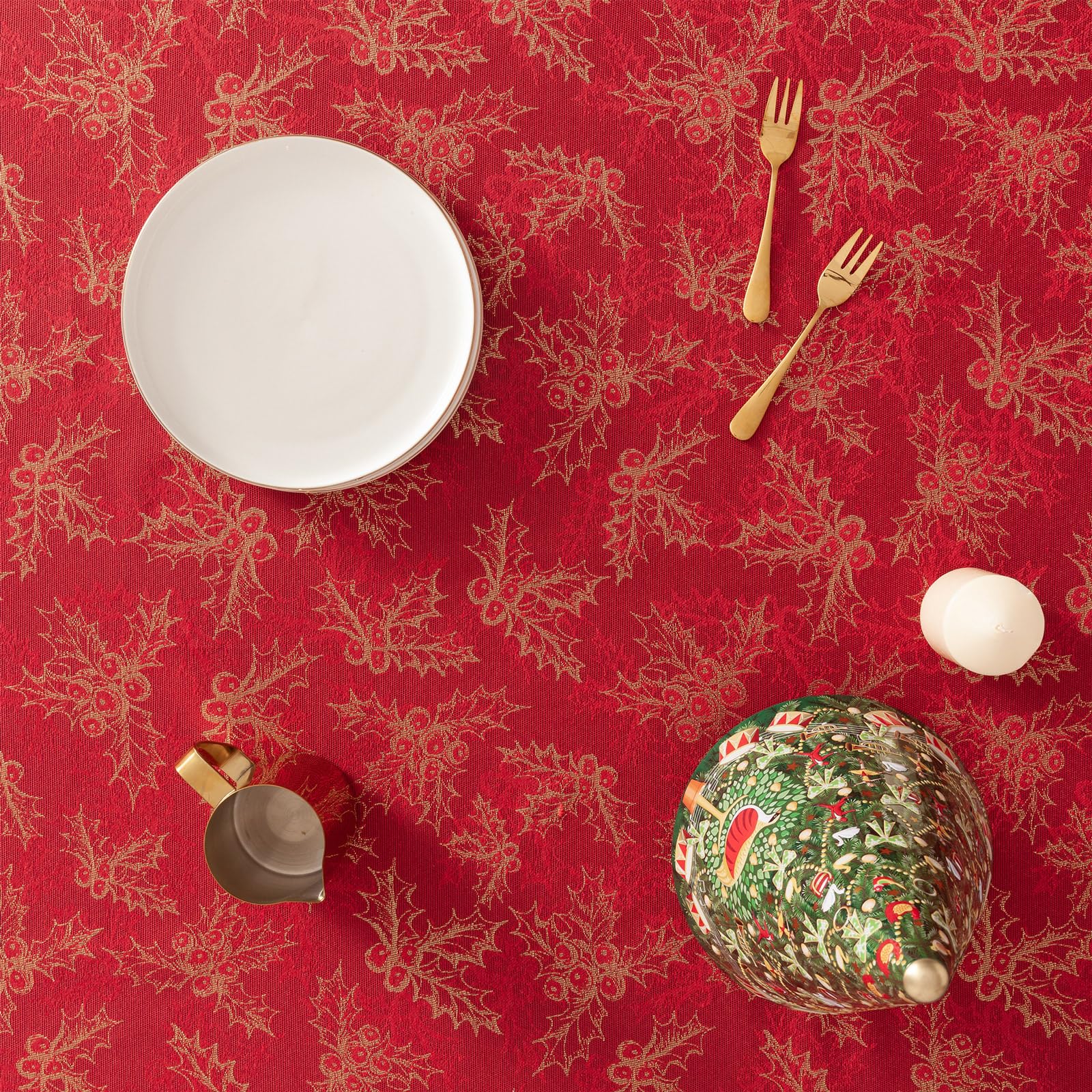 GAMUSI Tablecloth Christmas Jacquard Golden Thread Dining Table Rectangular Christmas Decoration 140 x 300 cm, Red - Image 2