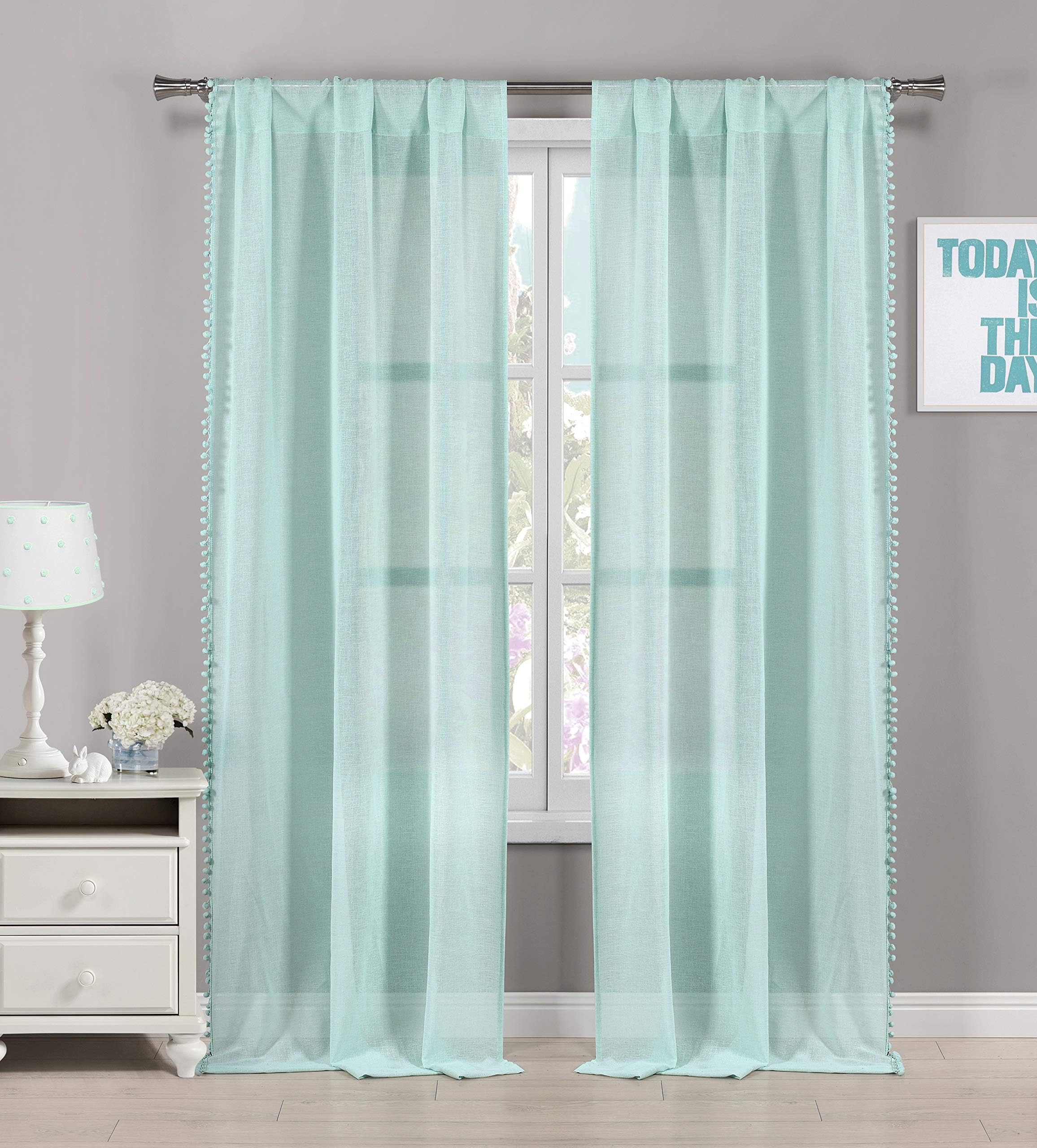 Lala + BashLizbett PomPom Trim Top Border Pole Top Window Curtains for Living Room & Bedroom - Assorted Colors - Set of 2 Panels (38 X 84 Inch - Seafoam Blue)