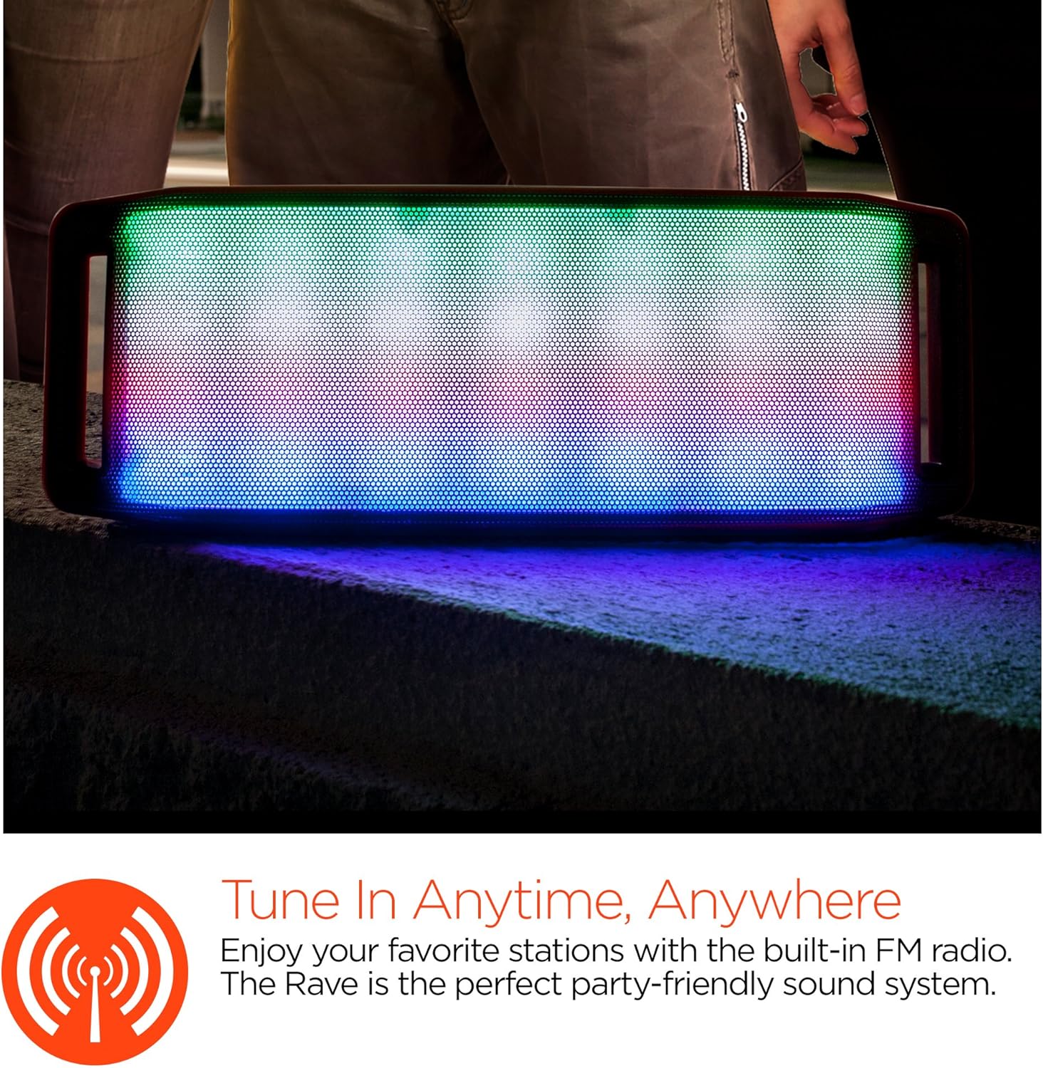 HyperGear Rave speaker playing with multi-colored lights, illustrating FM radio functionality.