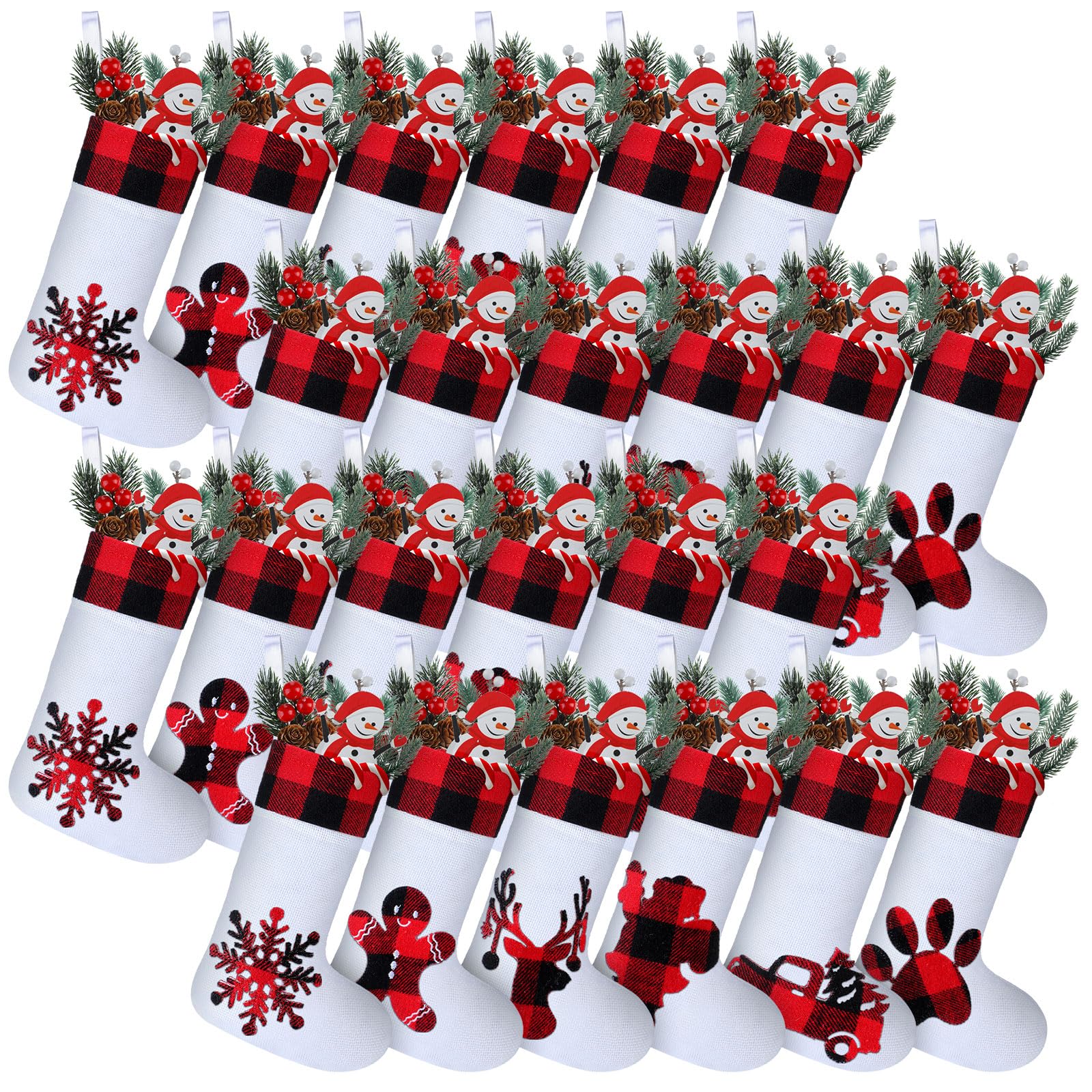 Skylety Lot de 24 chaussettes de Noël classiques à carreaux de buffle avec revers en peluche pour décoration de fête de famille, Noël, vacances (rouge noir manchette, blanc)