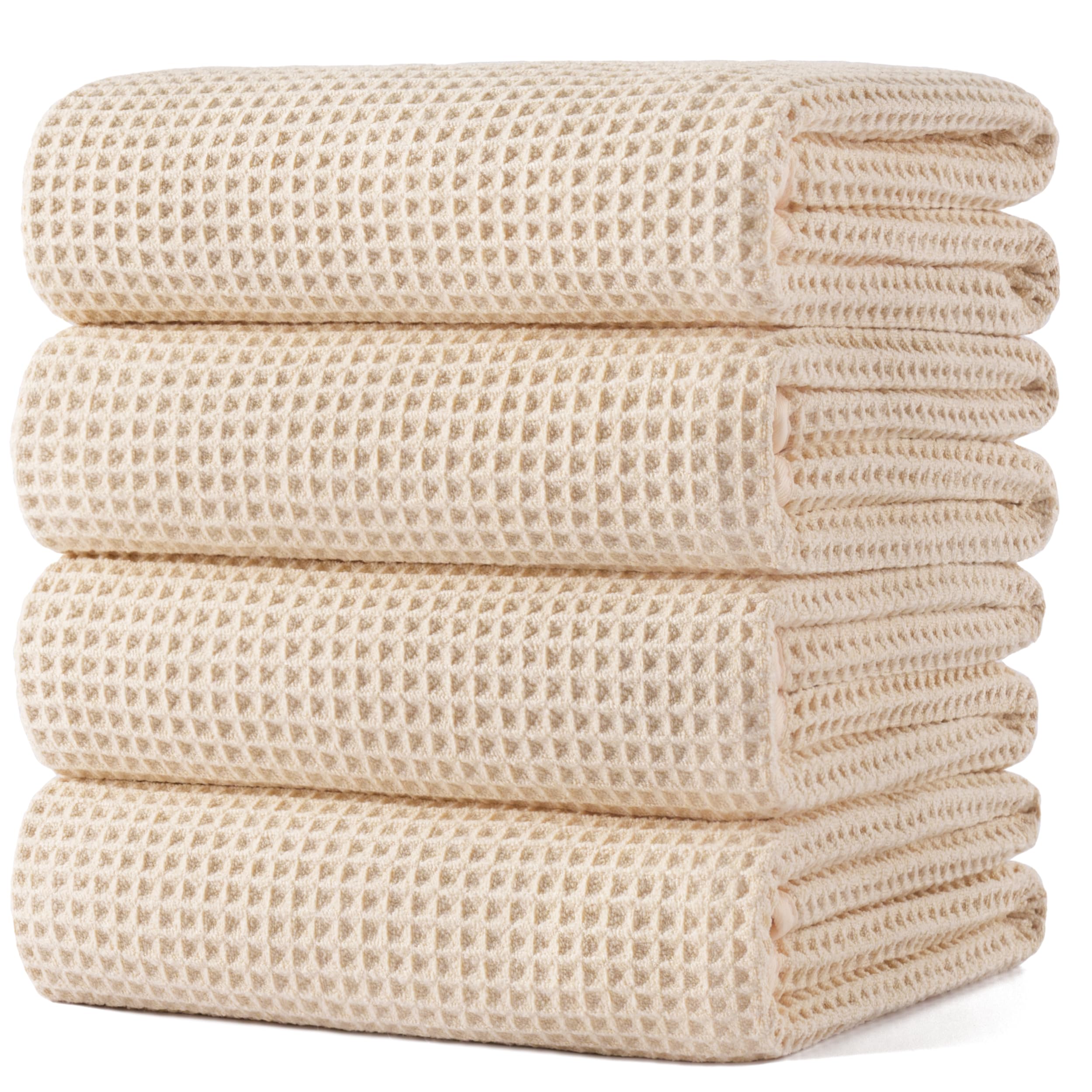 POLYTE 430 GSM Microfiber Oversize Quick Dry Lint Free Bath Towel, 60 x 30 in, 4 Pack (Waffle Weave)