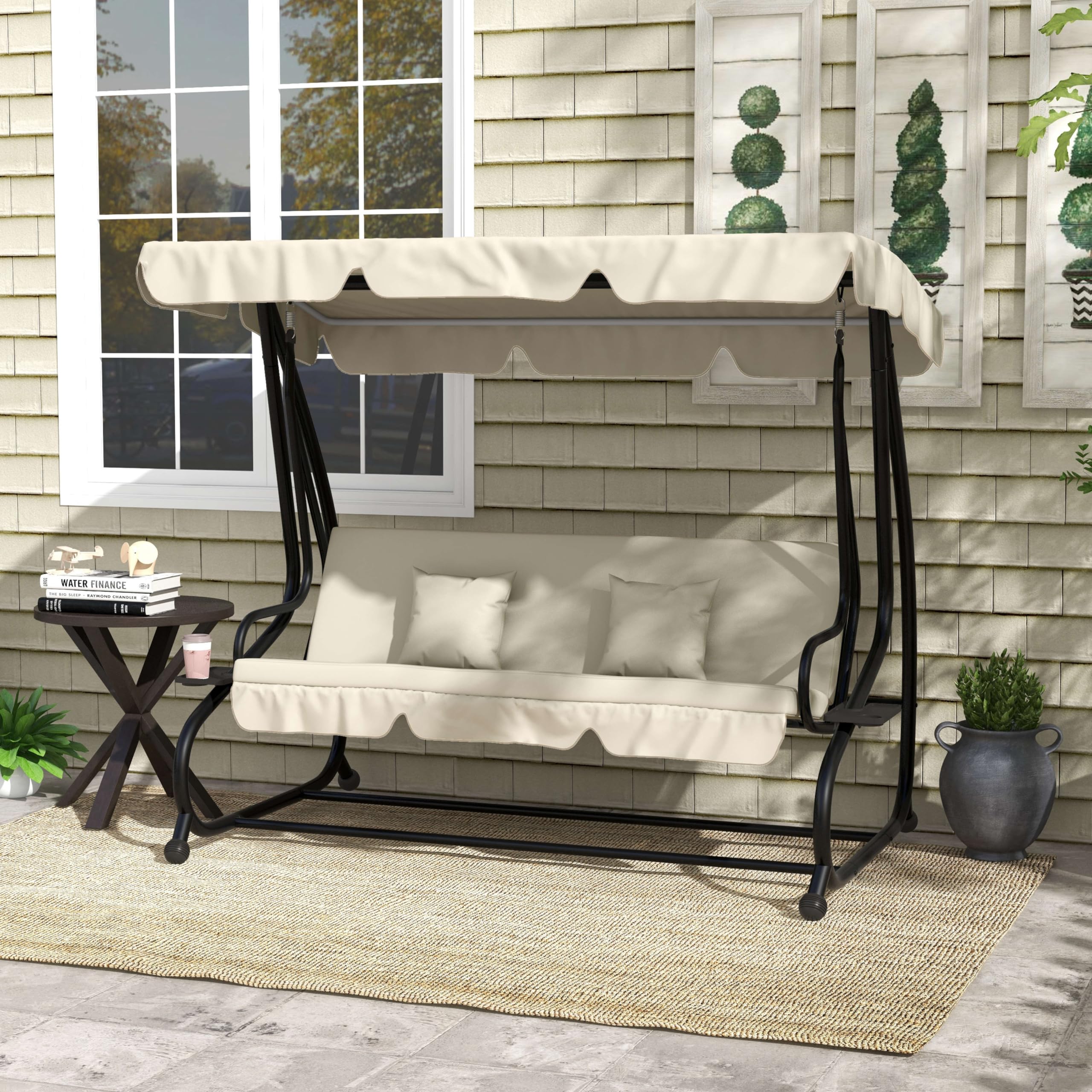 Outsunny Dondolo Letto da Giardino con Tettuccio Regolabile e Vassoi Portabicchieri, Dondolo da Giardino in Acciaio e Poliestere, 200x120x164 cm, Crema