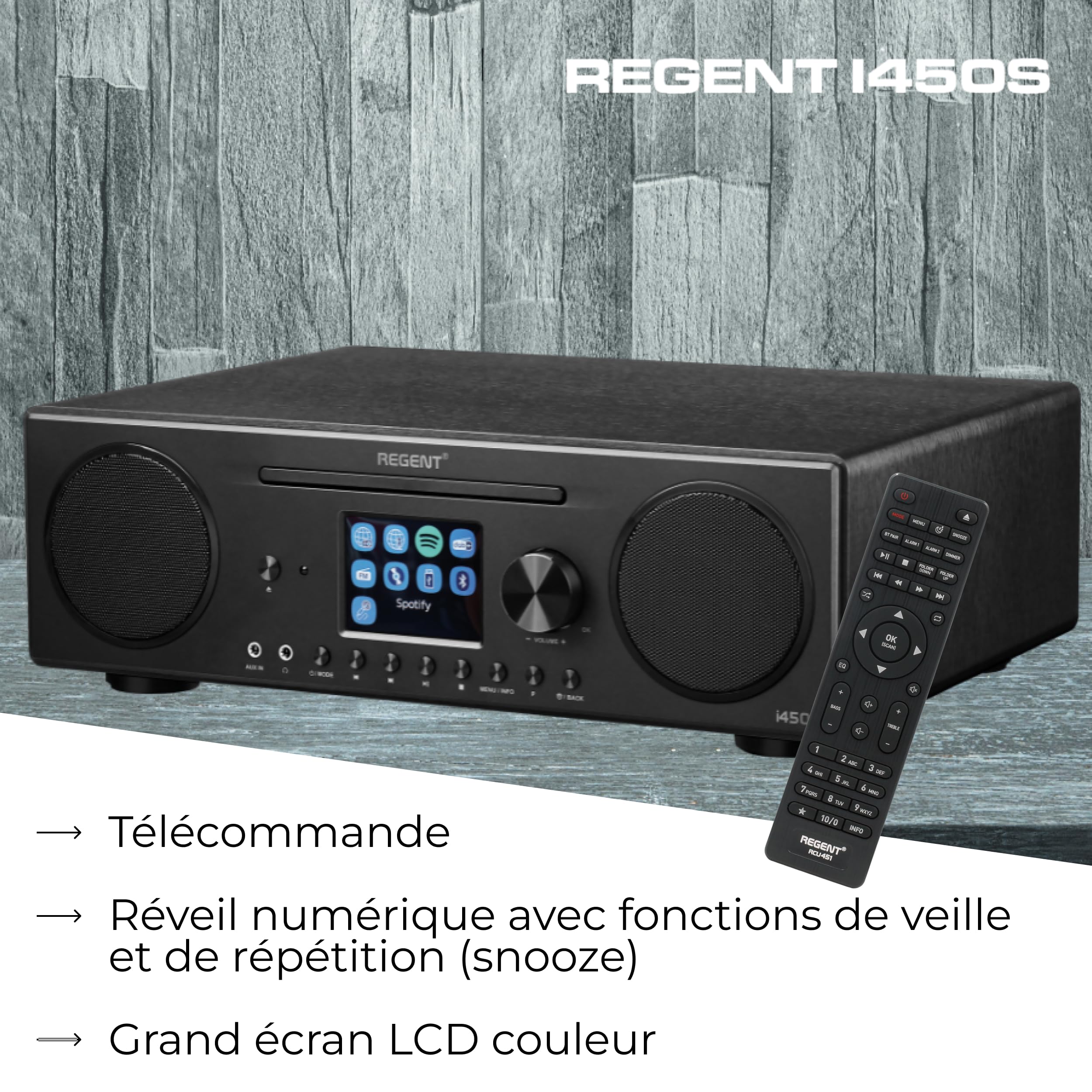 Regent i450s Lecteur CD Radio Internet WiFi Spotify Connect/AUX/USB/Bluetooth – Poste Radio: Enceinte, CD Player, Hi-FI, FM - Home Stéréo - Alarme Double, télécommande (Noir)