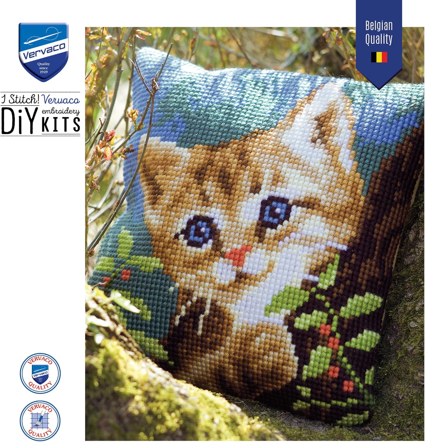 Vervaco Cross Stitch Embroidery Kits Pillow Front for Self-Embroidery with Pattern on 100% Cotton and Thread, 15,75 x Inches - 40 cm, Cat a Tree