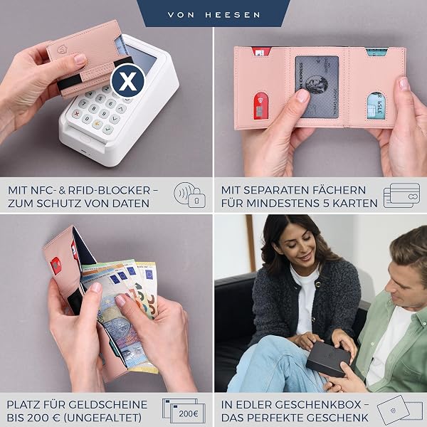VON HEESEN Slim Wallet mit Münzfach & RFID-Schutz - Leder Geldbeutel - Mini Geldbörse für Herren und Damen - Kartenetui Echtleder Karten Portemonnaie klein - Kreditkartenetui Rose - 2