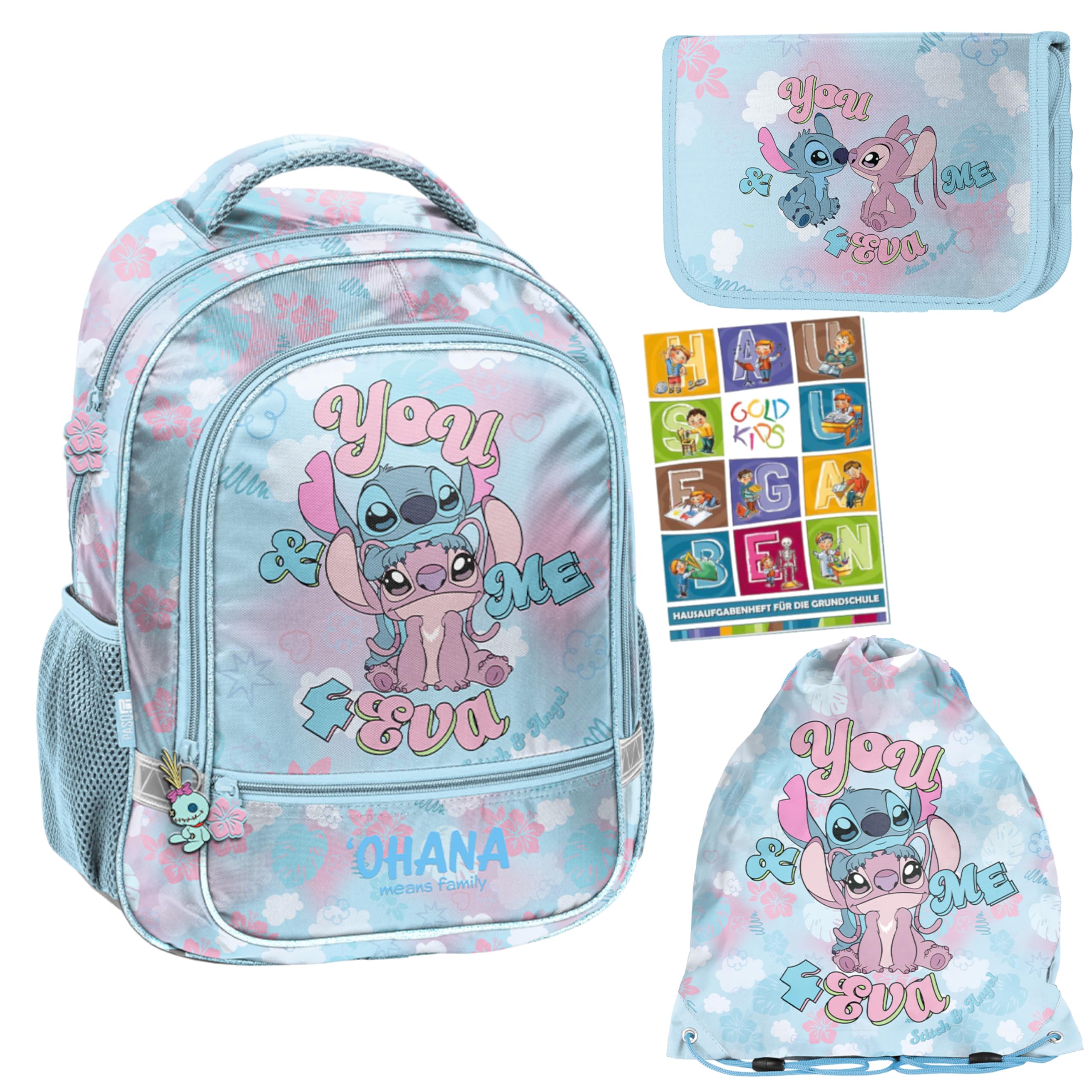 PASO Set di 4 zaini per la scuola per bambini e bambine, con astuccio, astuccio per scarpe e quaderno per i compiti, motivo Stitch, 1-3 elementi