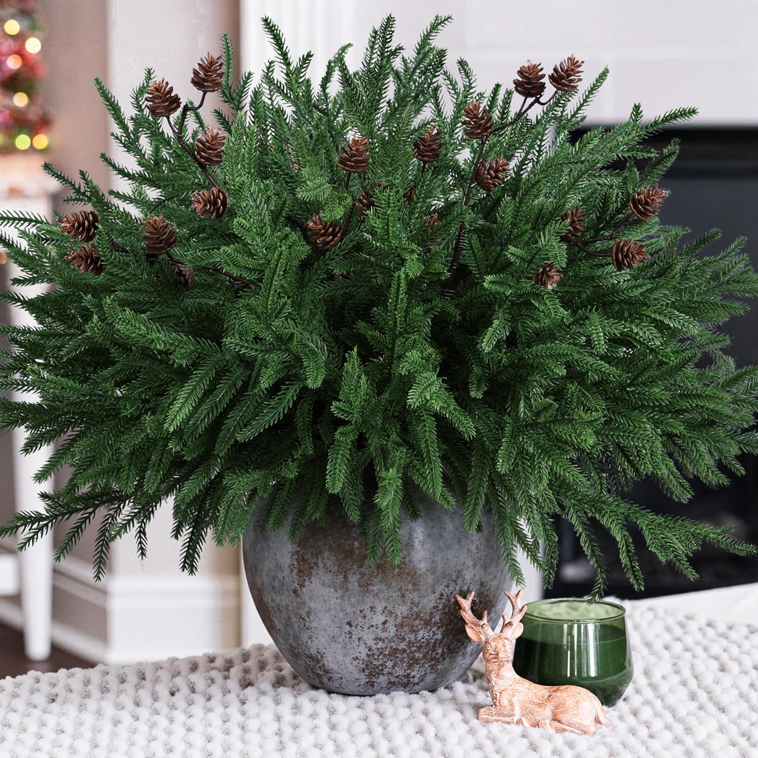 HyeFlora 14 PCS Christmas Norfolk Pine Stems with Small Pine Cones Branches, 19 In Real Touch Artificial DIY Greenery Pine Needles Picks,Xmas Faux Cedar Pine Branche for Vase Indoor Outdoor Home Décor