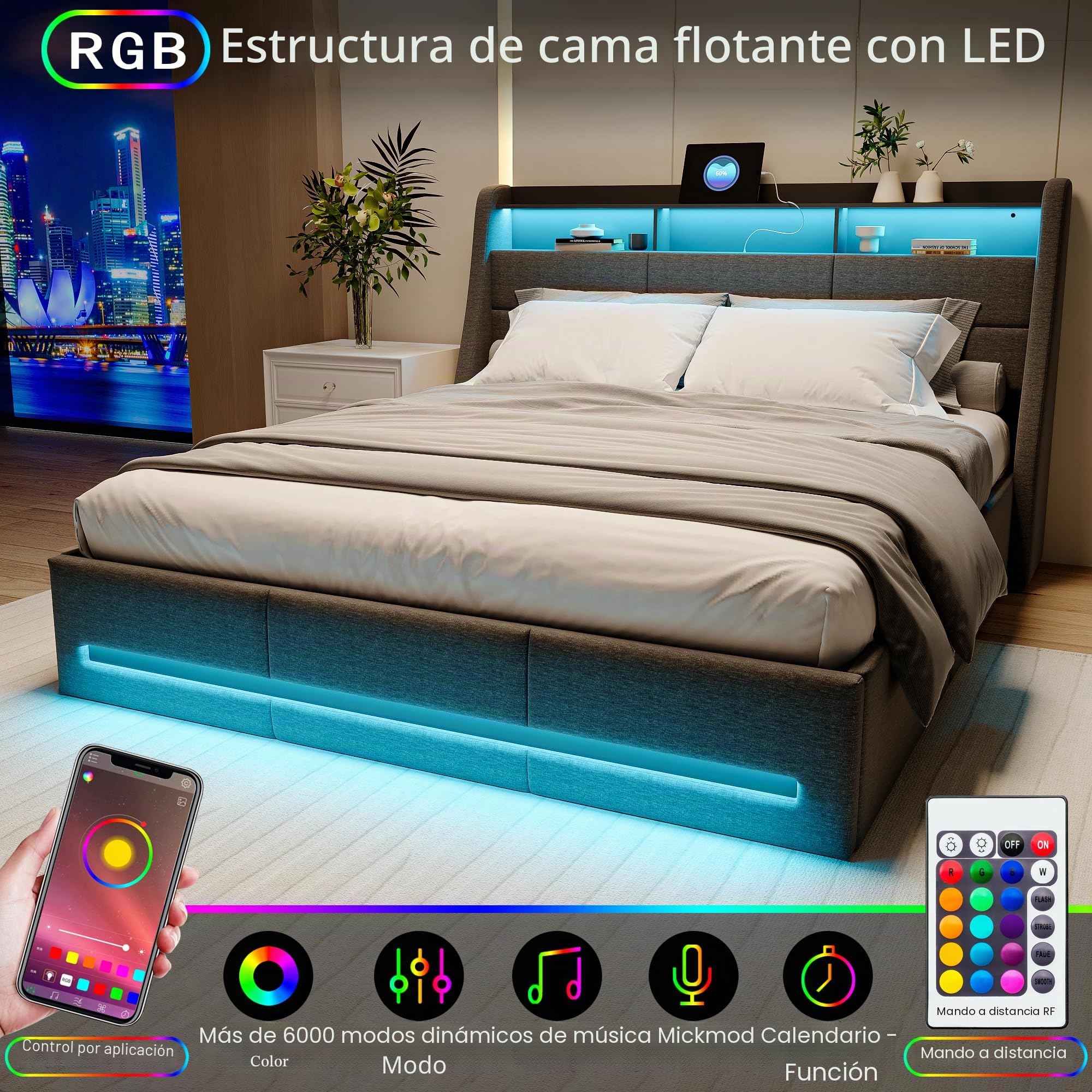 Cama con arcón 160x200 con LED,Cama tapizada,Cama Acolchada LED Almacenamiento hidráulica con Puerto USB, Camas Acolchadas con arcón,Camas Dobles con Almacenamiento,Cama Funcional Juvenil(Gris+Lin-1)