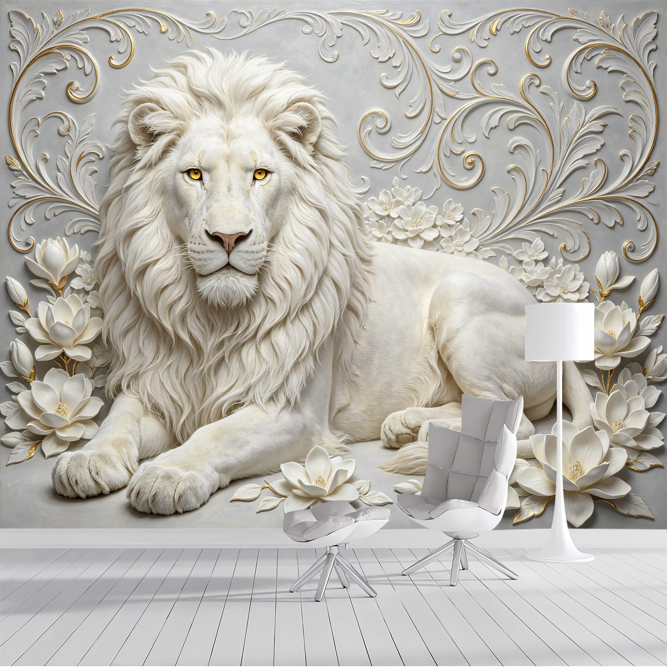 Custom Size Wall Mural White Lion Floral Baroque Relief Effect 3D Mural Style SelfAdhesive Wall Fabric Removable Peel and Stick Wallpaper Wall Decor for Living Room Bedroom Bathroom