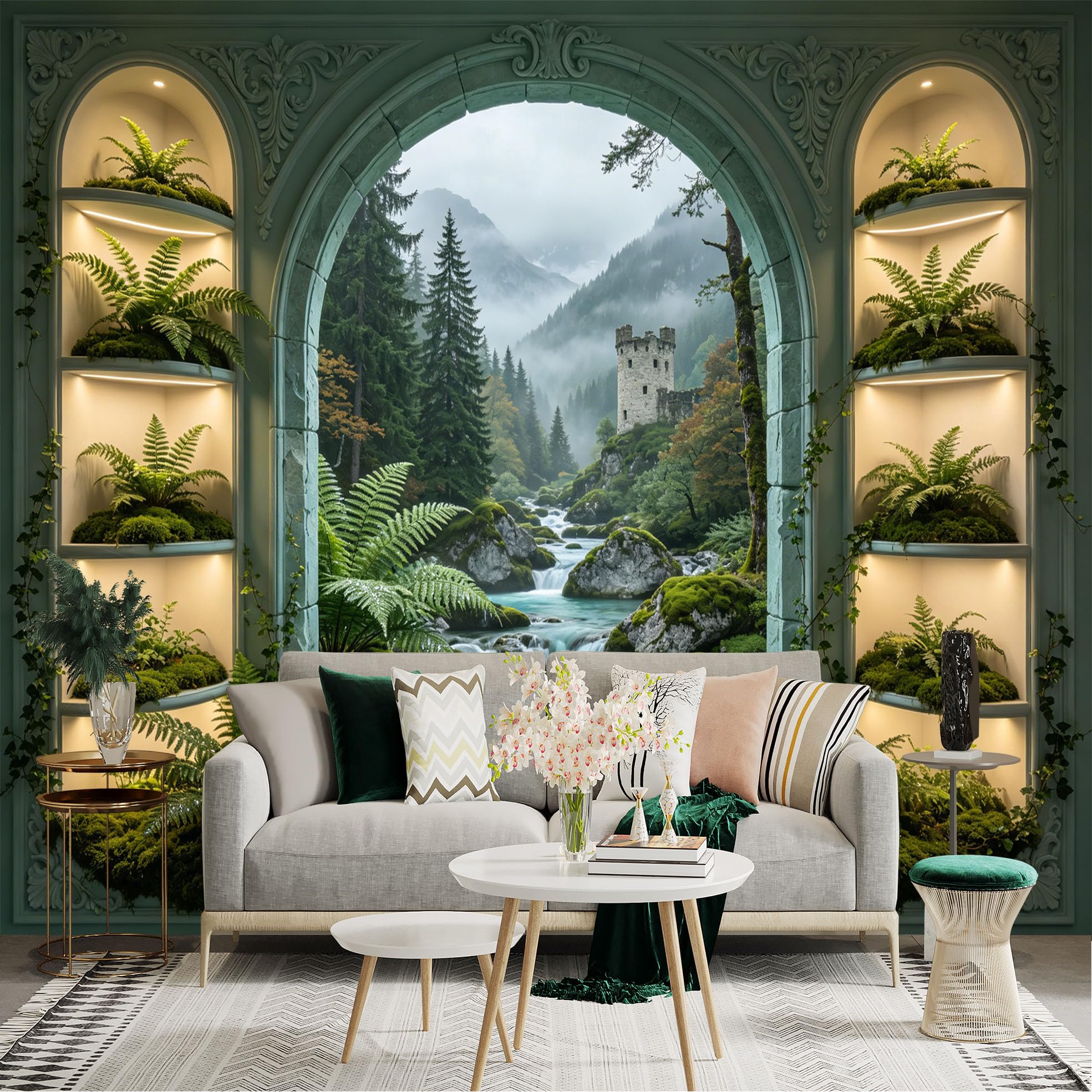Custom Size Wall Sticker Mural， Fantasy Castle with Mountain River， Ferns and Misty Forest View， for wall Decoration， peelandstick wall Decals.