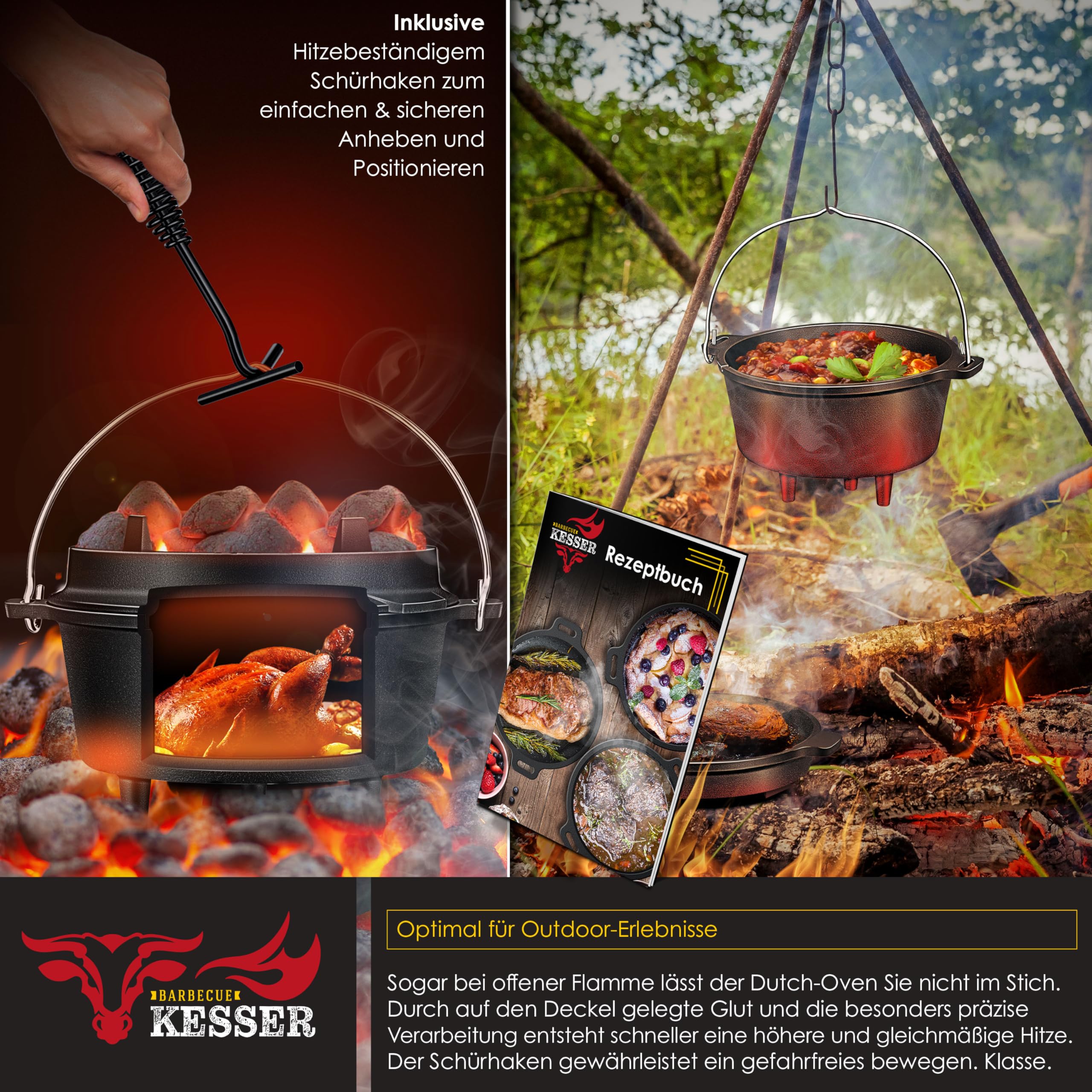 KESSER® Dutch Oven Set BBQ 13,6 Liter Feuertopf Schmortopf, Gusseisen Topf mit Deckelheber Henkel und Schlitz für Themormeter, kochkessel Grilltopf Gulaschkessel für Oudoor & Indoor