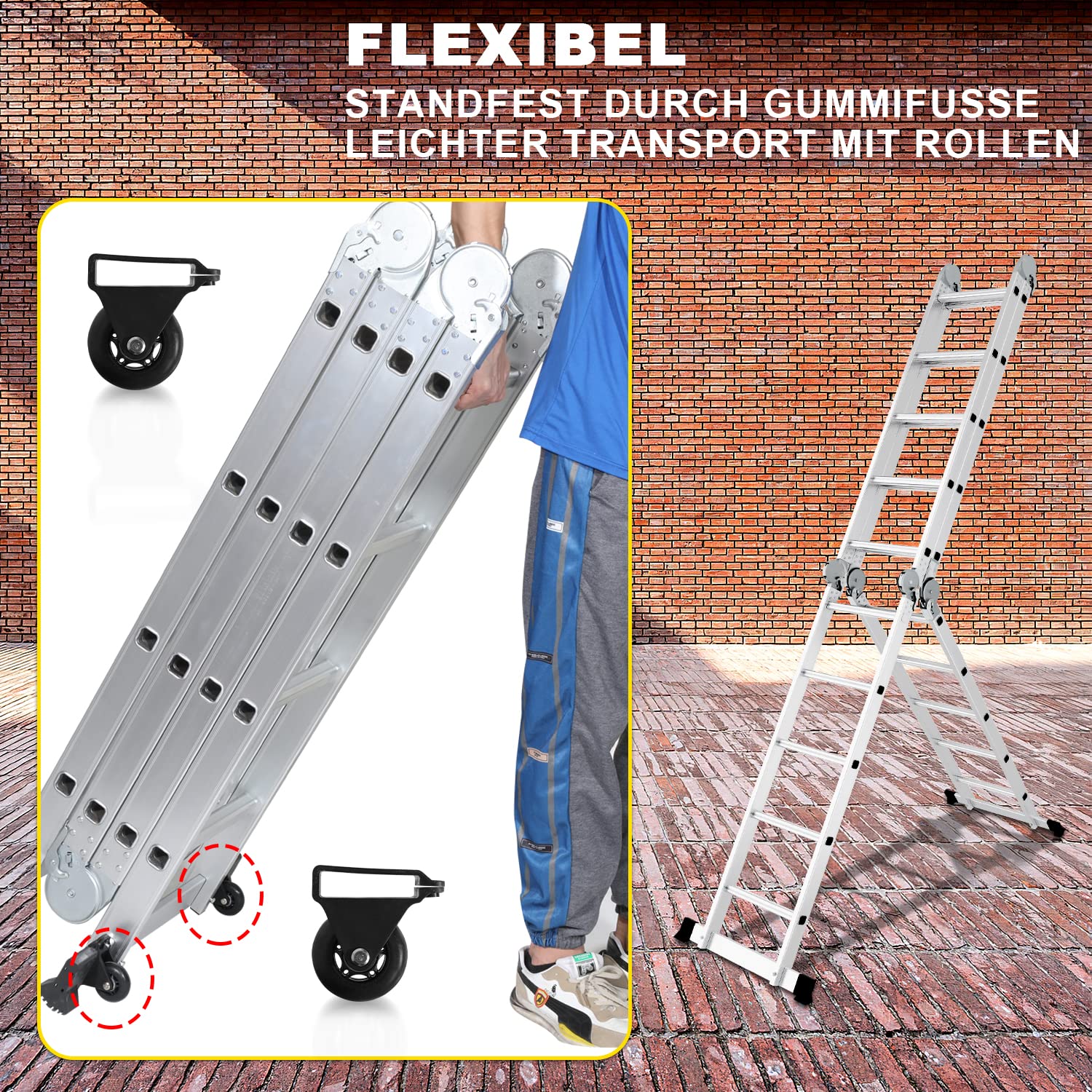 Herrselsam Scala multiuso 4 x 5, 7 in 1, 582 cm, in alluminio, pieghevole, con 2 piattaforme e ruote, portata massima 150 kg, scala multifunzione, 20 pioli (DY8973-M-1x)