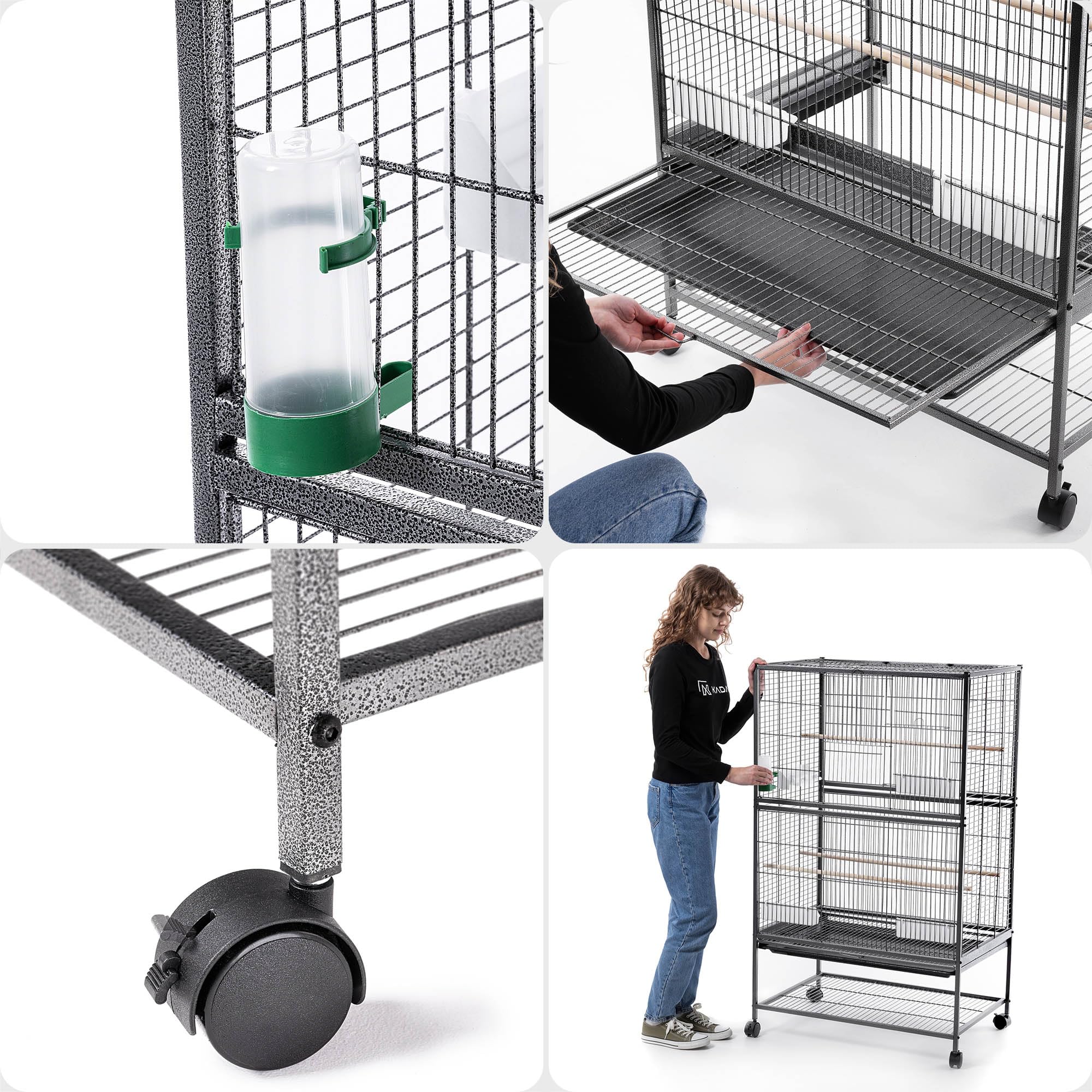 KADAX Pajarera de 79 x 52 x 133 cm, jaula para pájaros con ruedas, con perchas, comederos y dispensadores de agua, comedero de metal, jaula para periquitos, jaula para loros