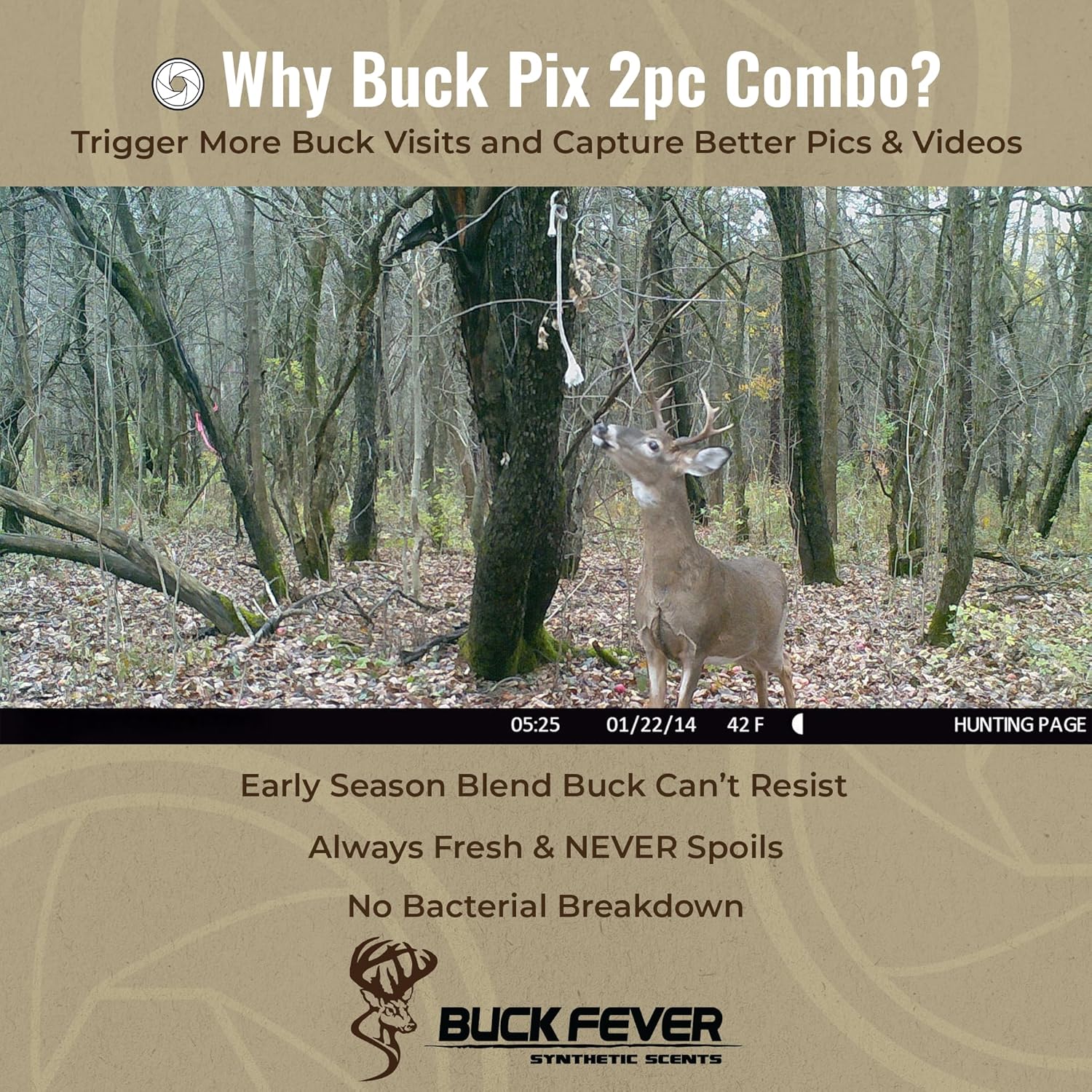 Buck Fever Buck Pix 2,3,4-Piece kit - Synthetic Deer Scent (4 oz Branch Action & 4 oz Dirt Fusion) for Whitetail & Mule - Non-Spoiling Deer Attractant for Outdoor Trail Camera