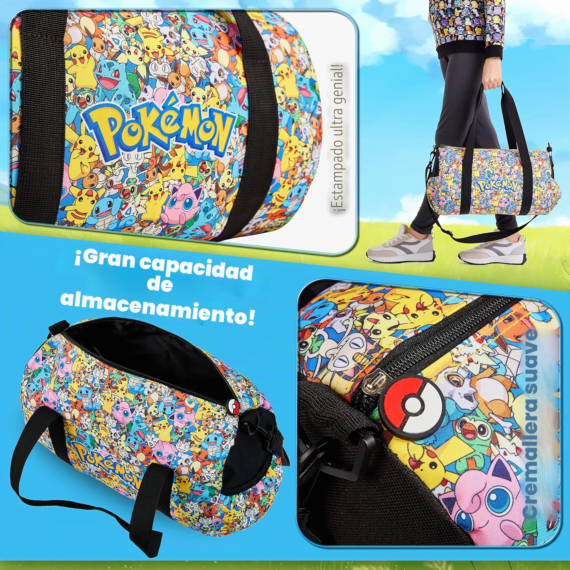 Pokemon Bolsa Deporte Niño Niña Bolsa Piscina Niño Bolsa Viaje Fin de Semana Playa Futbol Gym Merchandising Oficial Pikachu (Multicolor)