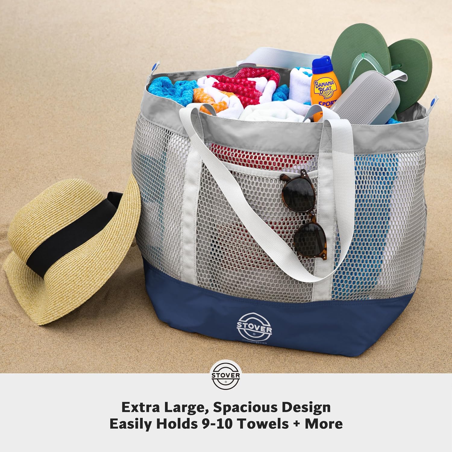 STOVER Extra Large Mesh Beach Bag, Vacation, Pool, Shopping & Travel Tote - Foldable w/Storage Pouch & Pockets for Women, Men
