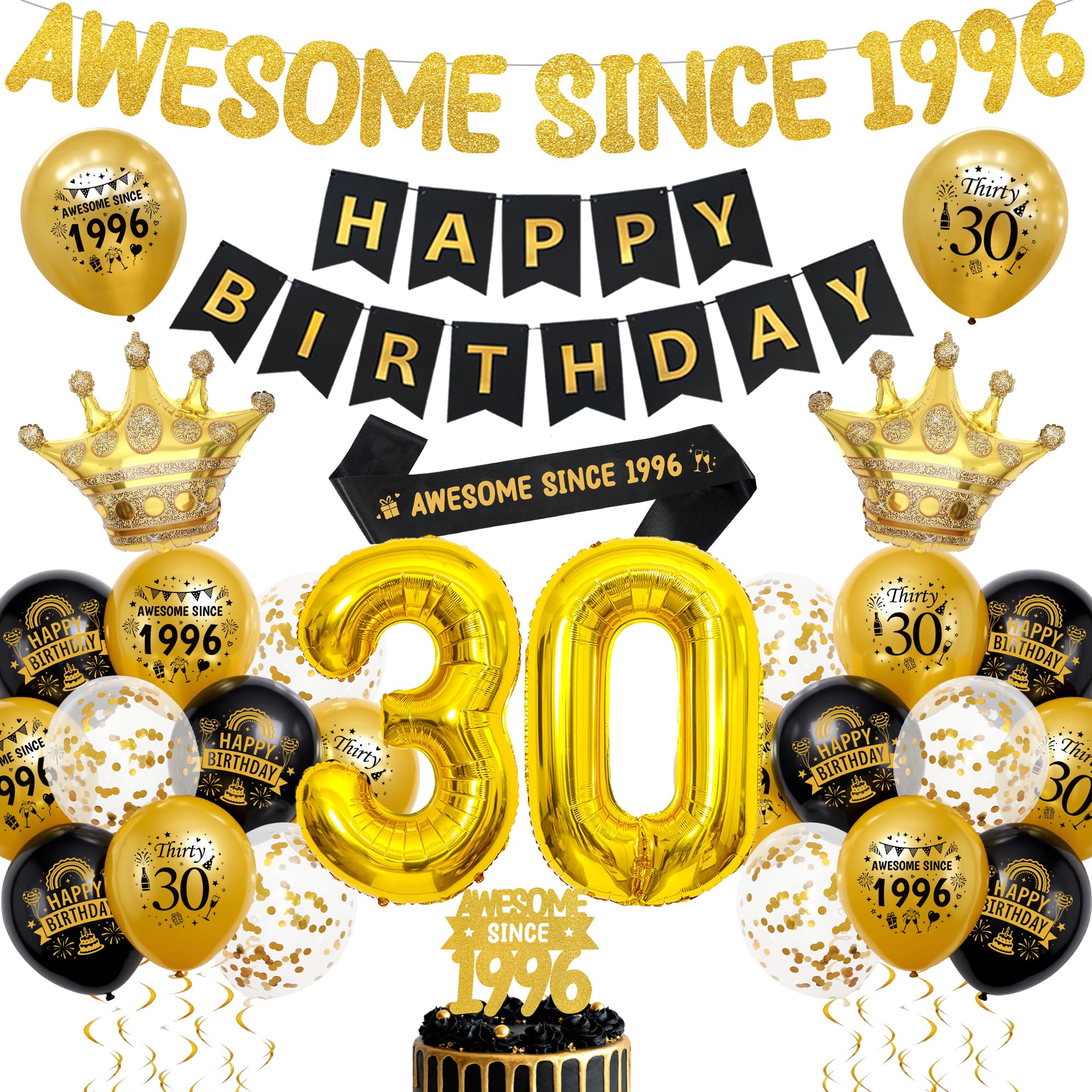 30th Birthday Decorations Black Gold - Awesome Since 1996 Banner Set with Cake Topper and sash, Happy Birthday Banners, Number Foil Balloons, Latex Balloon for 30 years old party supplies