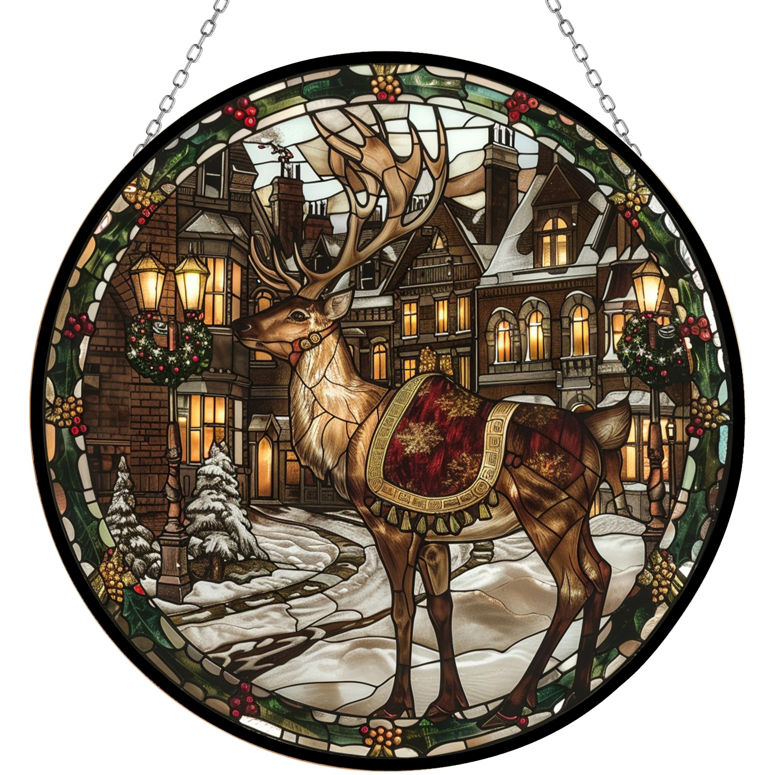 365CUSGIFTS Christmas Victorian Reindeer Stained Glass Suncatcher Window Hanging, Gothic Christmas Ornaments for Fiction Lovers, Room Decor for Nursery New Home Gifts