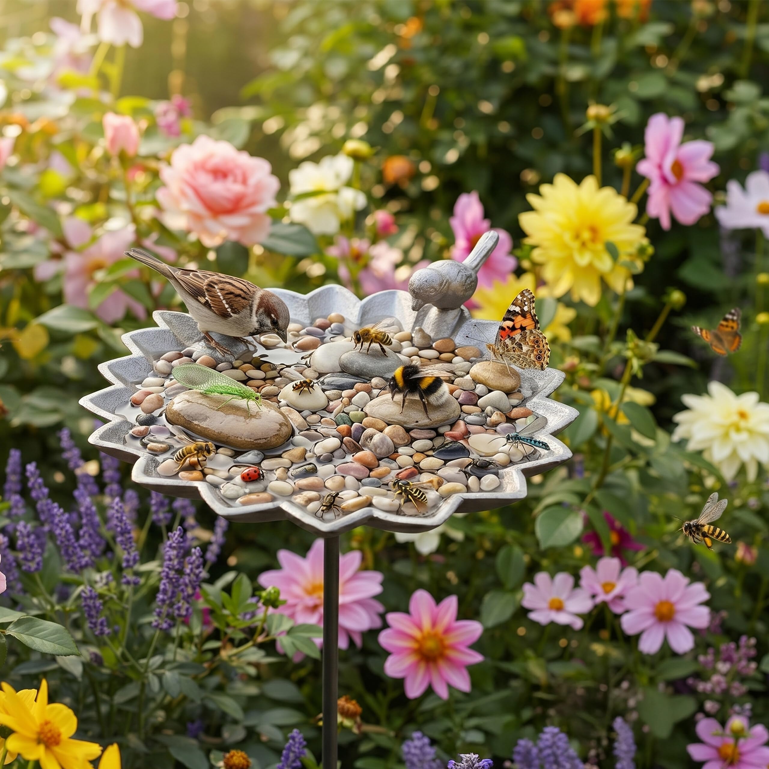 Abbeveratoio per Uccelli Relaxdays, 93x19,5x17 cm, ghisa, da piantare, Ciotola Acqua/Cibo, a Forma di Fiore, Marrone