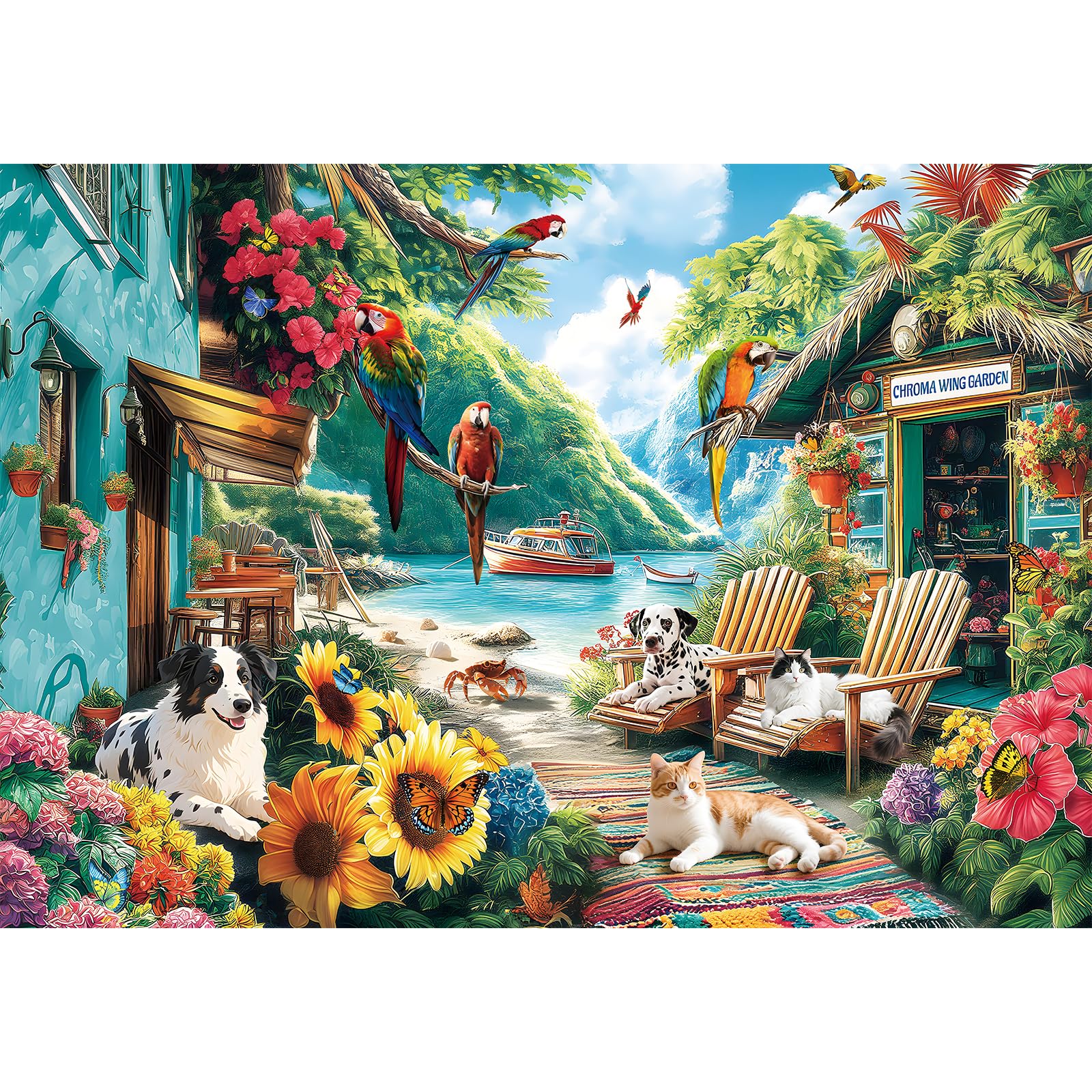 Photo 1 of ** FACTORY SEALED** JJYHULK 2000 Piece Puzzle for Adults, Puzzles for Adults 2000 Pieces, Summer Seaside Flowers Dogs Parrots Jigsaw Puzzles, Challenging Puzzle Perfect for Game Nights, 39" X 28"