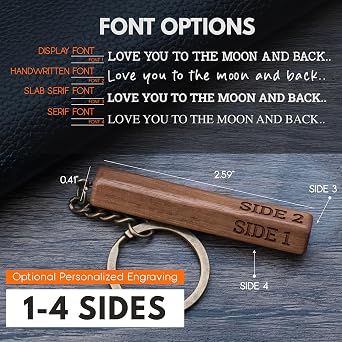 Custom Keychain for Men, Personalized Wooden Key Chain with 4 Sided - Customizable Vertical Bar Cuboid Keychain