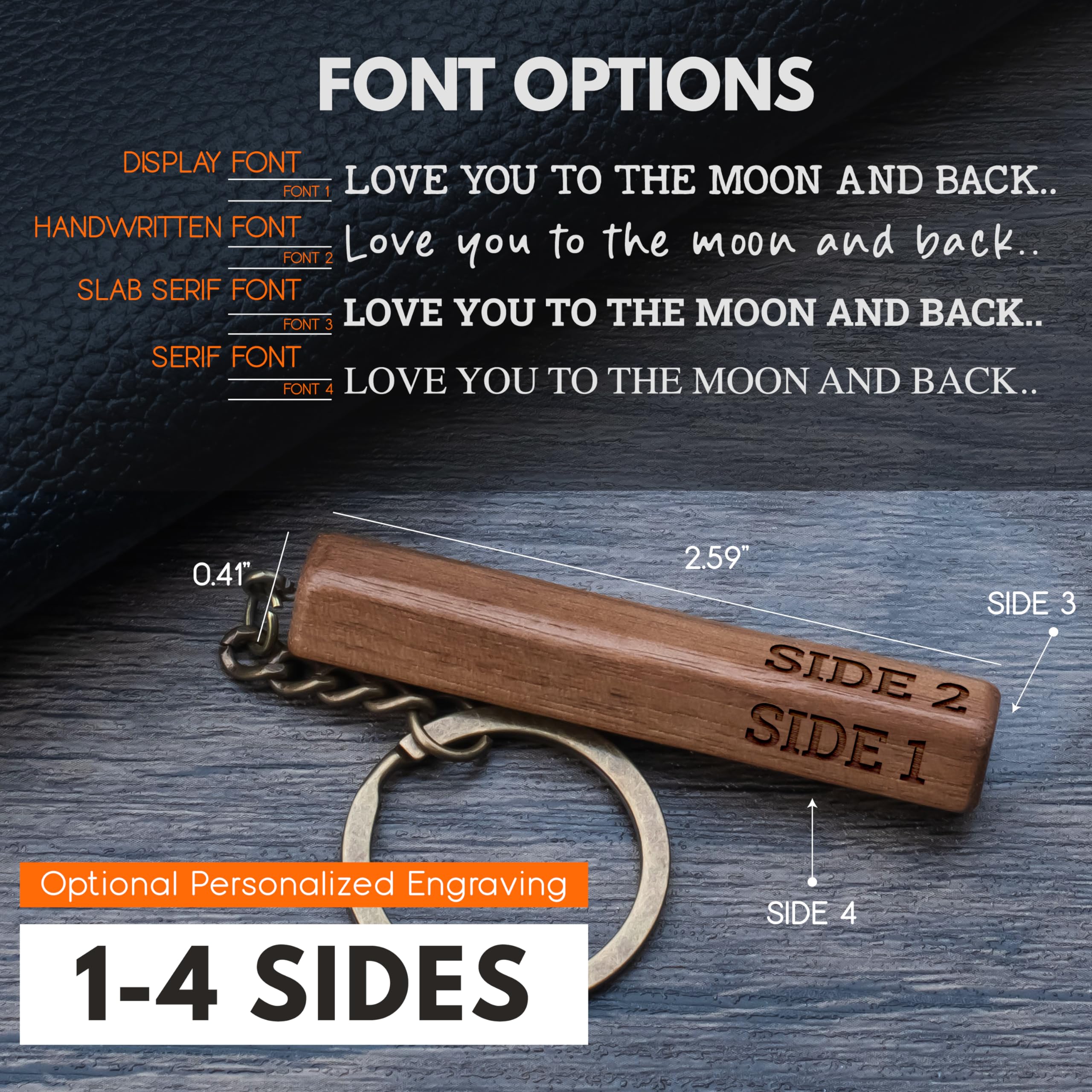 Custom 4 Sided Keychain, Personalized Key Chain with Name, Message | Walnut | Engraved Keychain for Men, Women, Boyfriend, Girlfriend, Customizable Vertical Bar Cuboid Keychain