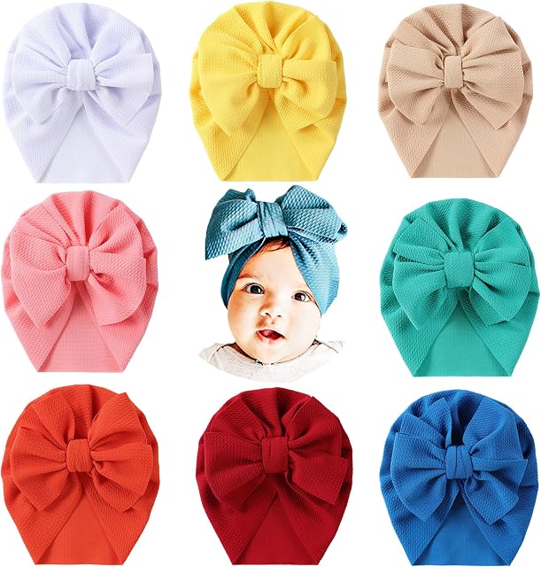 Cinaci 8 Pack Solid Big Knotted Hair Bow Large Bowknot Knot Beanie Turban Hats Caps Headwraps for Baby Girls Infants Toddlers Kids