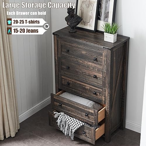 Miniatura 3 de T4TREAM Cómoda de granja de 5 cajones para dormitorio, cómoda de madera rústica alta, organizador de cómodas para dormitorio, sala de estar, Roble