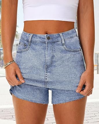 KDF Women's Denim Skirt with Shorts Trendy Denim Skort Jean Skirt with Raw Hem & Pocket