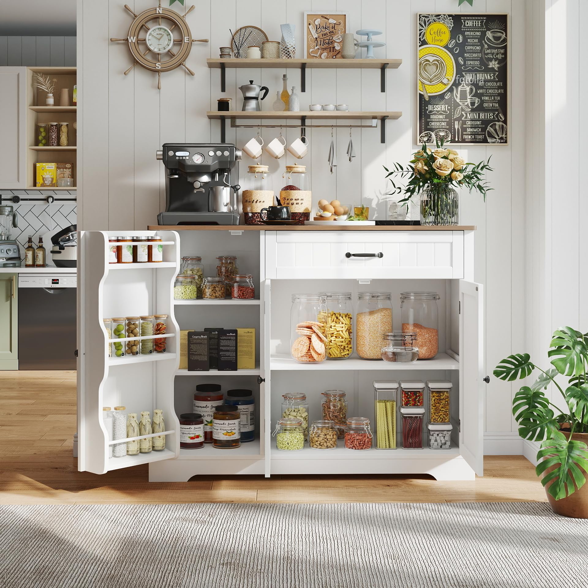 Gizoon Kitchen Coffee Bar Cabinet with Storage Kitchen Sideboard Buffet Cabinet with Drawers, Short Pantry with Door and Shelves for Bathroom and Living Room, White and Rustic