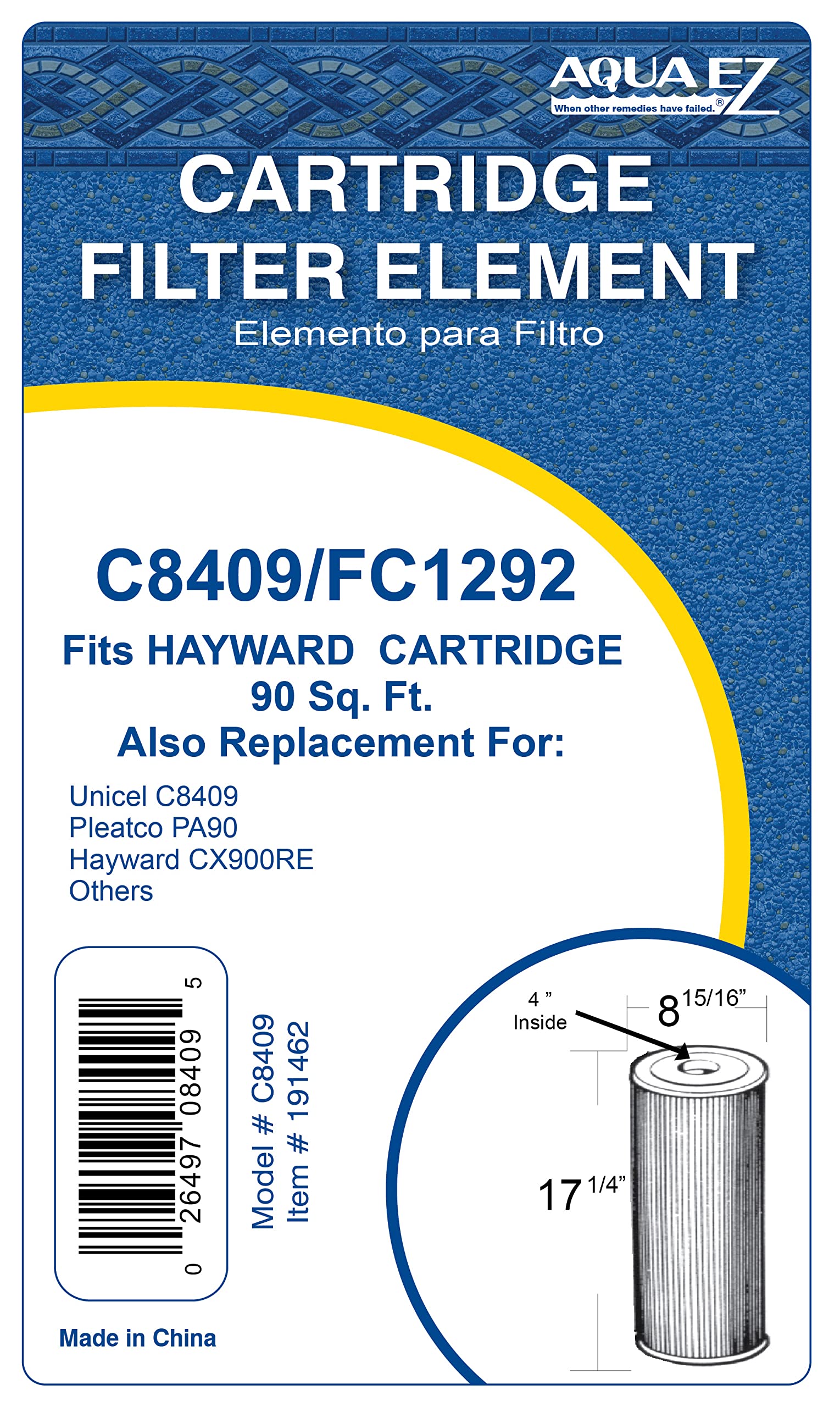 Aqua EZ 90 Sq. Ft. Pool Cartridge Filter Model #: C8409 Fits Unicel C8409, Pleatco Pa90, Hayward Cx900re