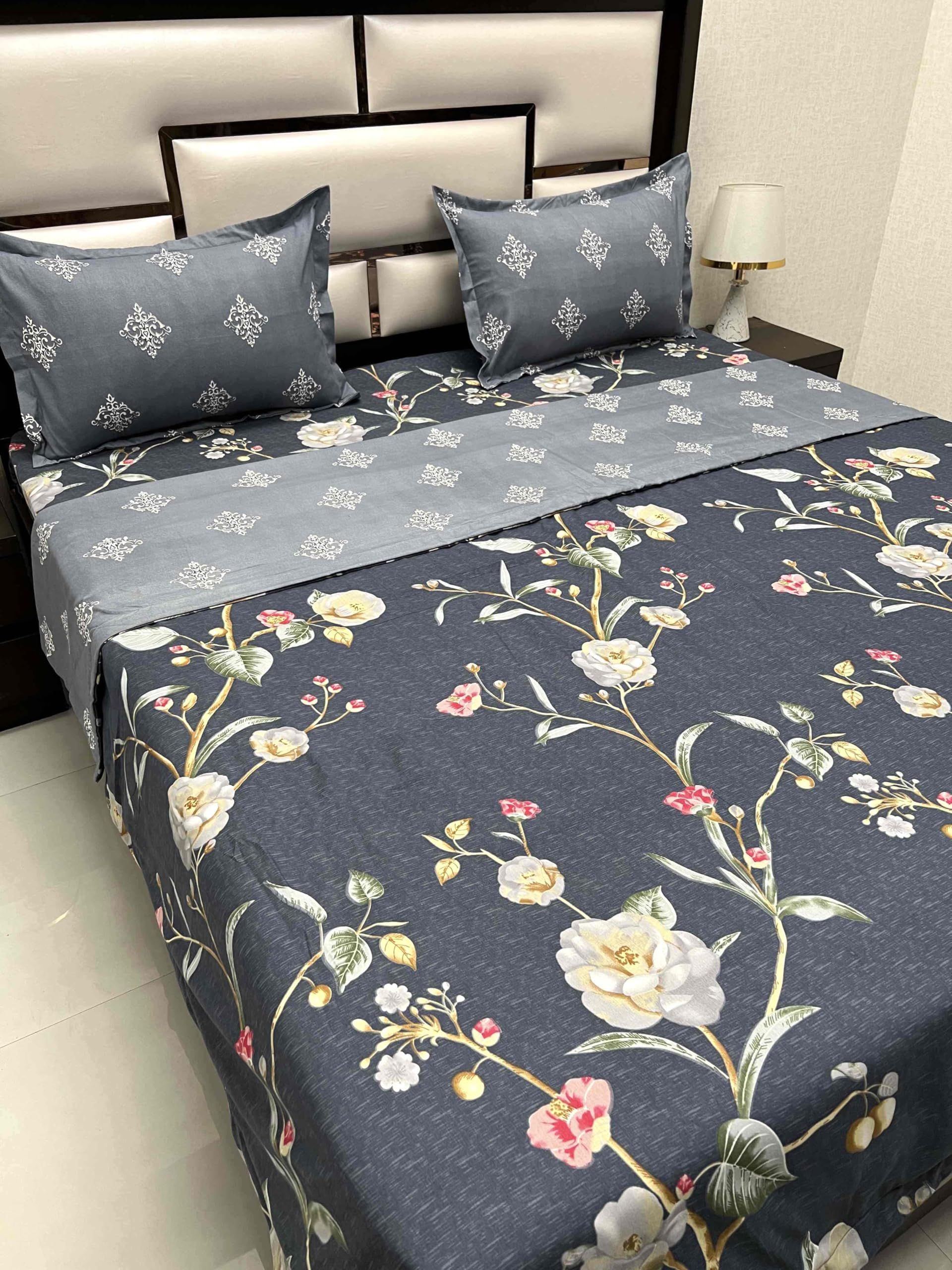 Pure Decor Nap Collection Microfiber Bedding Set with King Size Comforter and Double Bed King Size bedsheet with 2 Pillow Covers PD 4033 - Floral, Blue