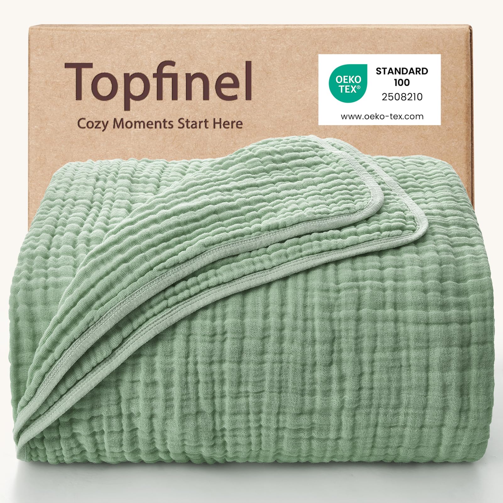 Topfinel Koc muślinowy dla dorosłych, 100% bawełna, przytulny, dekoracyjny koc dzienny, na sofę, miękki koc letni, 150 x 200 cm, szałwiowy zielony, lekki, oddychający, całoroczny
