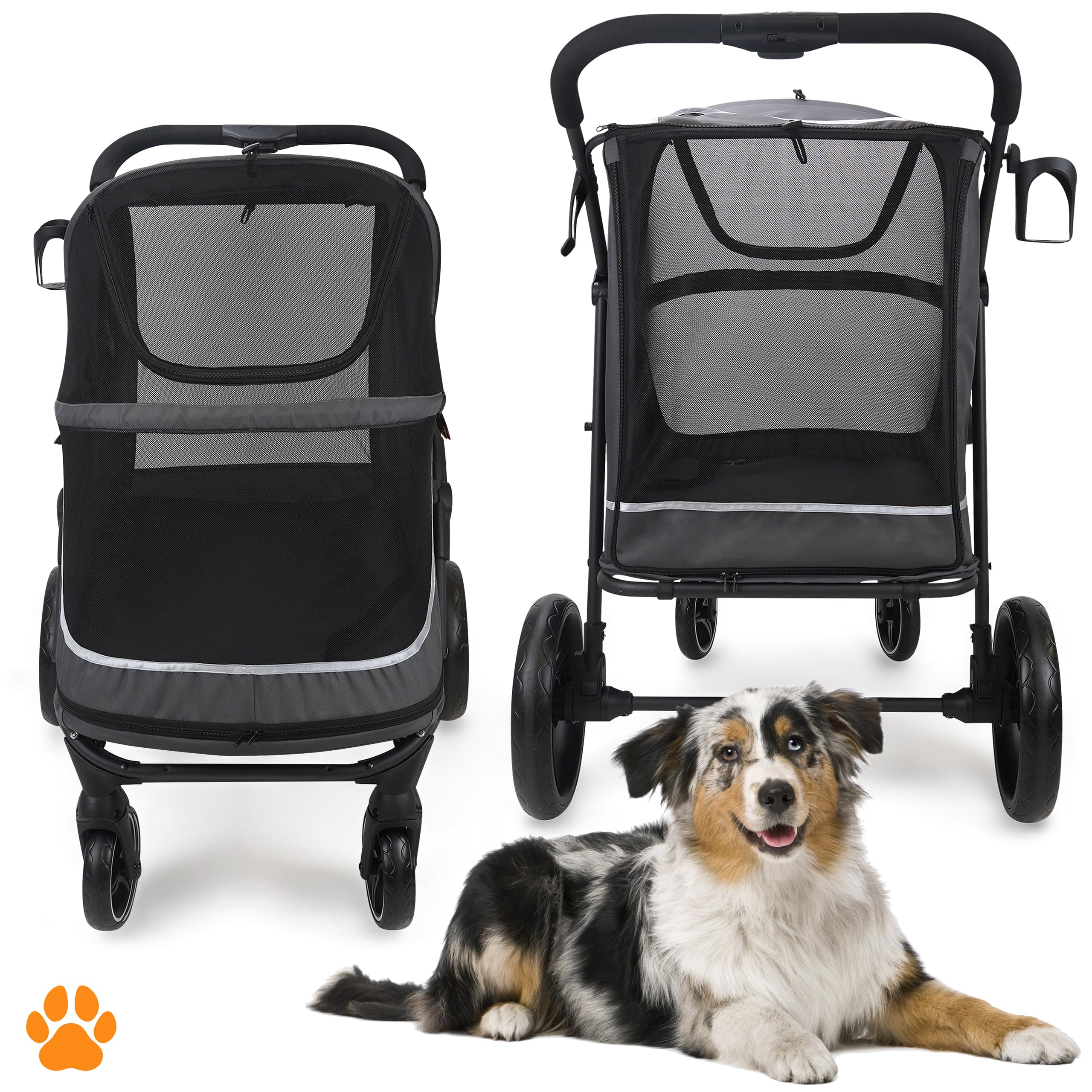 Hundebuggy Hundewagen CHAMP – XL Buggy große Hunde, geräumig, Tierwagen, Haustierwagen, Katze, Hund, Zusammenfalten, inkl. Regencover, Getränkehalter, Stauraum, max. Last 50kg/110lb, Grau