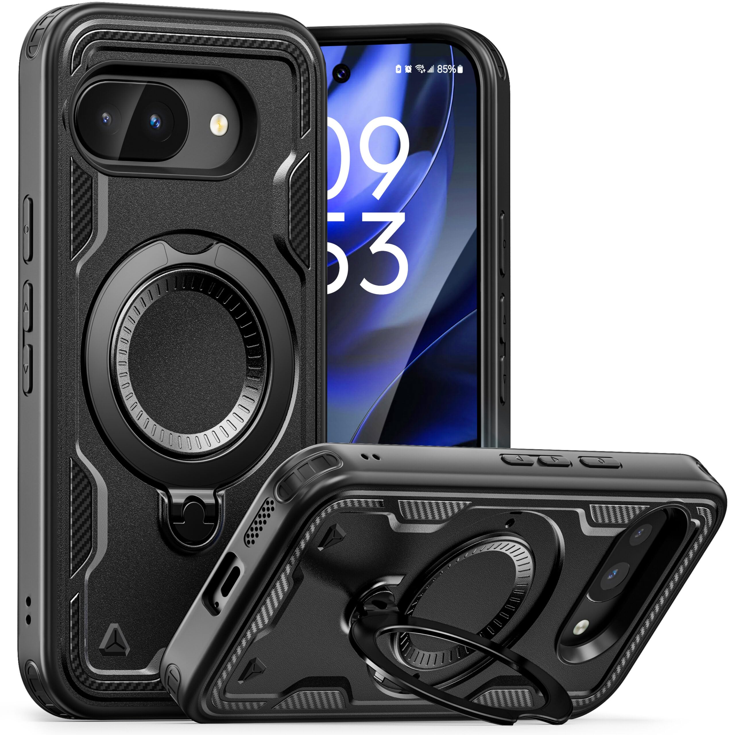ENCASED for Google Pixel 9a Case, Ultra Protective Dual-Layer Phone Case with Rotating Magnetic Kickstand Ring (Compatible with MagSafe), Black