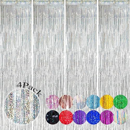 Miniatura 7 de Paquete de 4 cortinas de telón de fondo de flecos de papel de aluminio plateado de 3.3 x 8.2 pies, cortinas metálicas de oropel plateado para