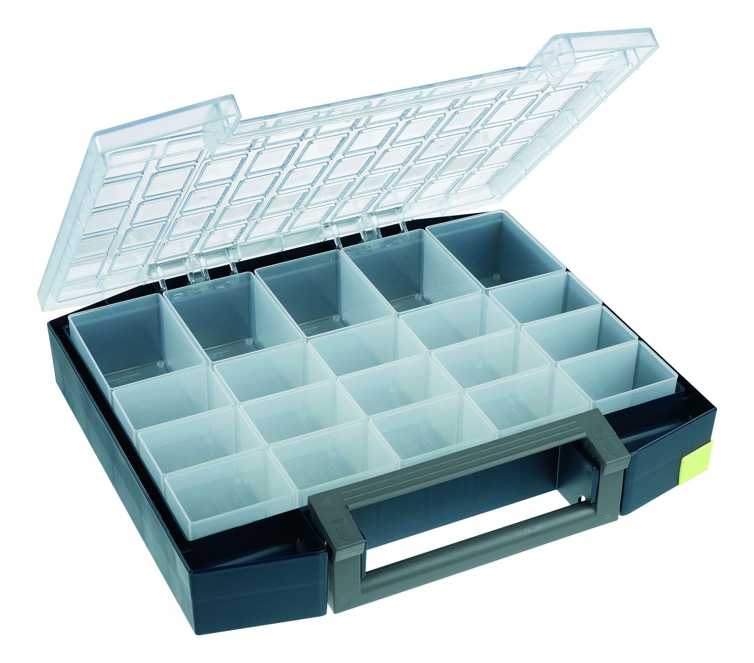 Raaco Boxxser 80 5x10-20 scatola organizer, 9 scomparti, per minuteria | Cassetta porta attrezzi in plastica con 9 inserti, portaminuterie trasparente per viti e utensili, capacità 15 kg, stoccaggio