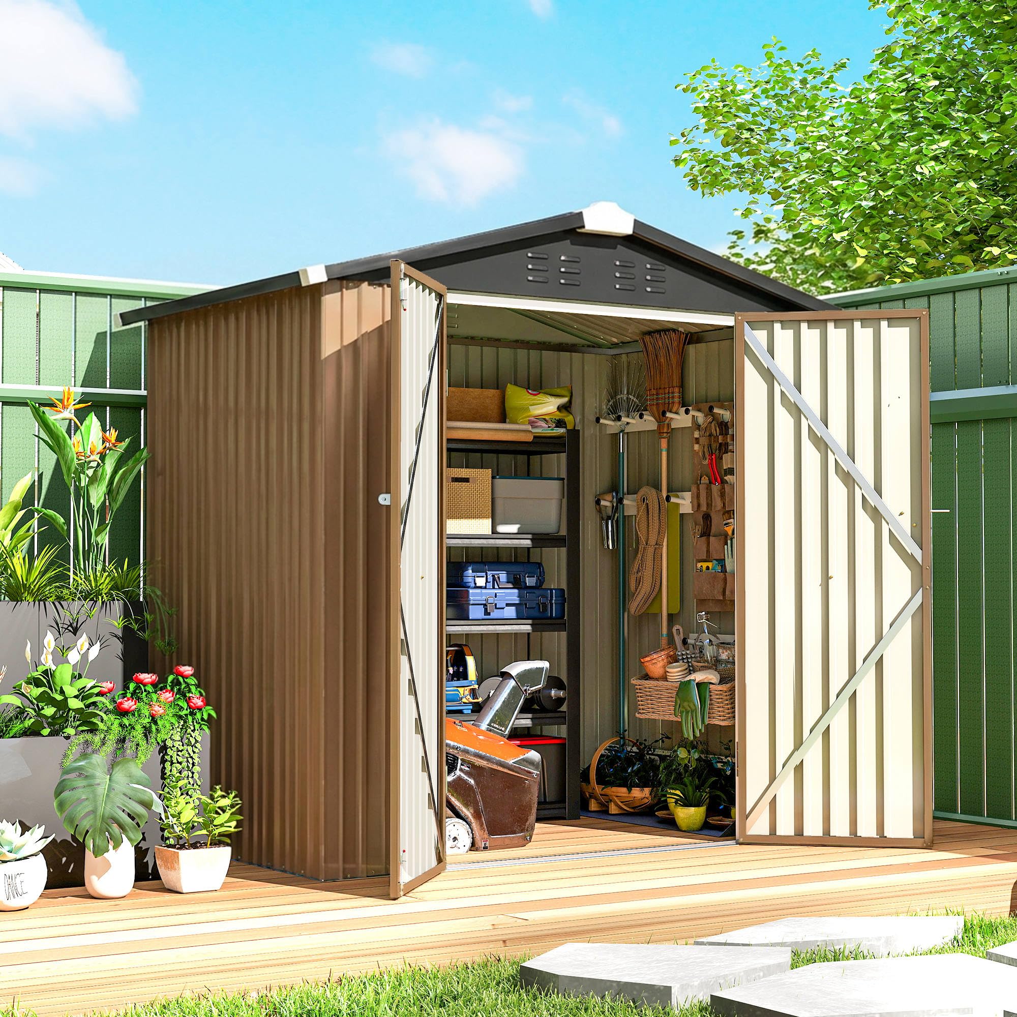 Outsunny 6.5' x 4' Outdoor Storage Shed, Metal Garden Shed with Lockable Double Doors, 4 Vents, Tool Storage House for Outdoor Patio Yard, Brown