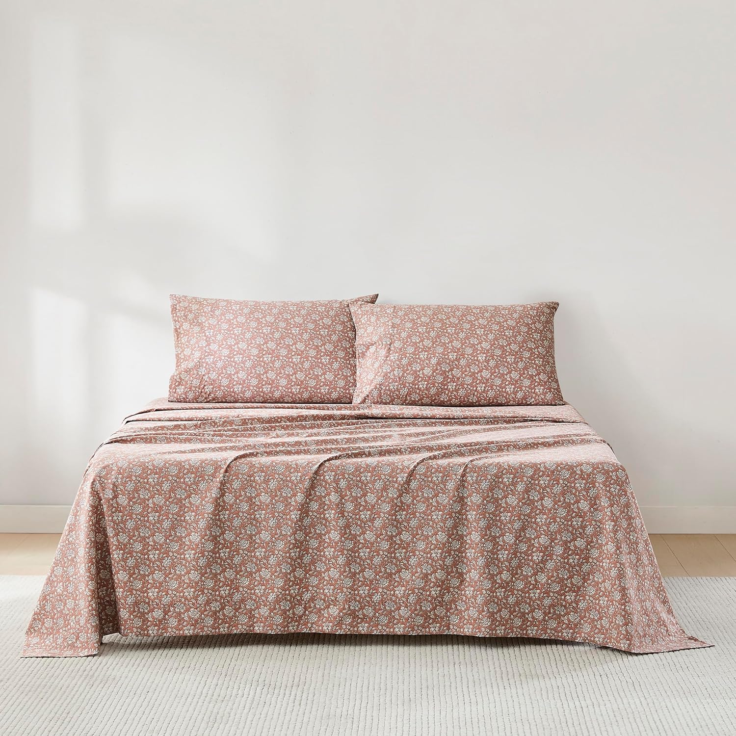 Lush Decor Zara Floral Block Cotton Sheet Set 4 Piece Set Queen Terracotta - Floral Sheets - Queen Bed Sheets - Vintage Coquette Decor Terracotta Queen