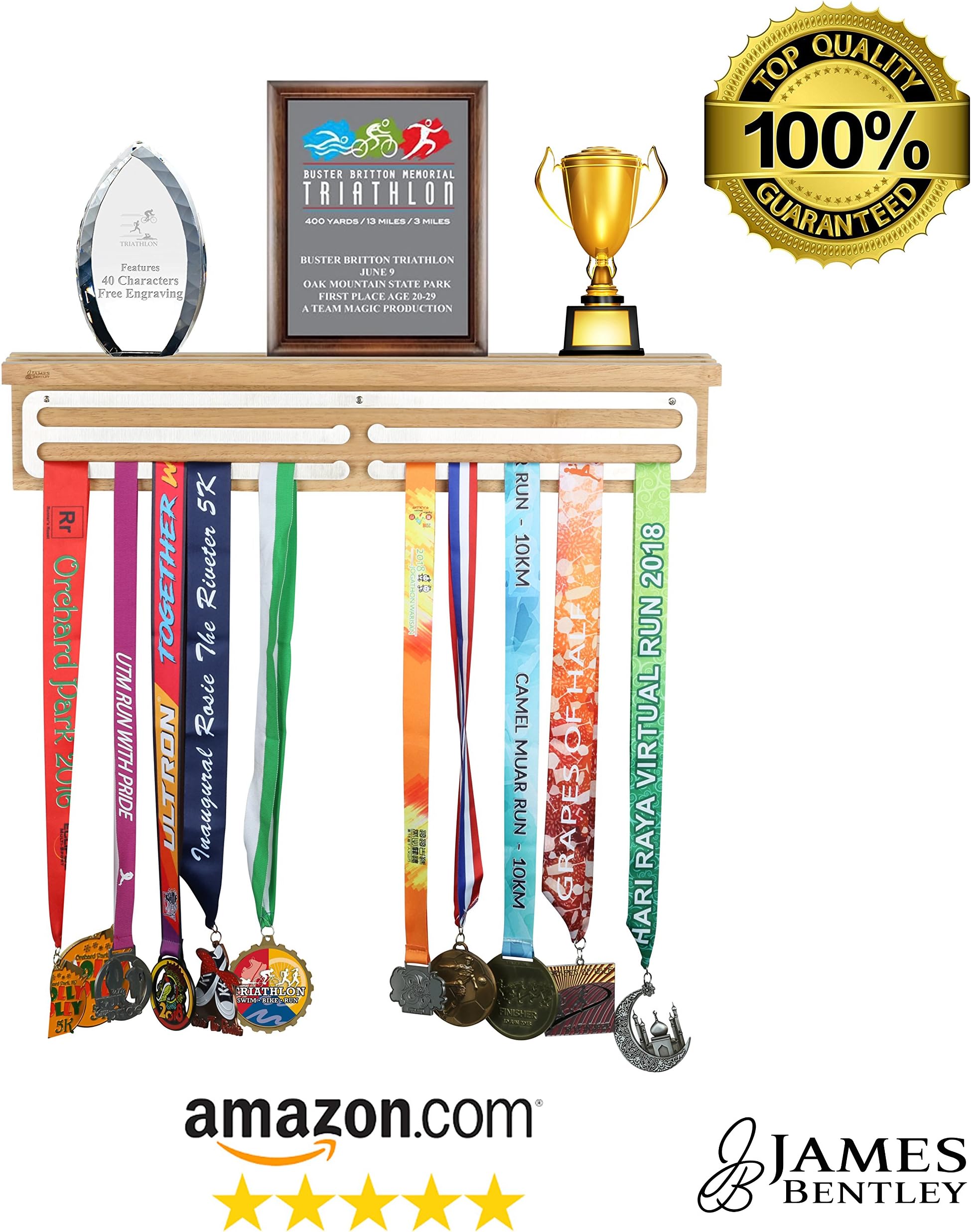 James Bentley 2ft Award and Medal Display Hanger Rack Hardwood & Stainless Steel Children Achievement Display Academic Display Trophy Shelf Sports Marathon Runner Plaque Shelf Thanksgiving Gift