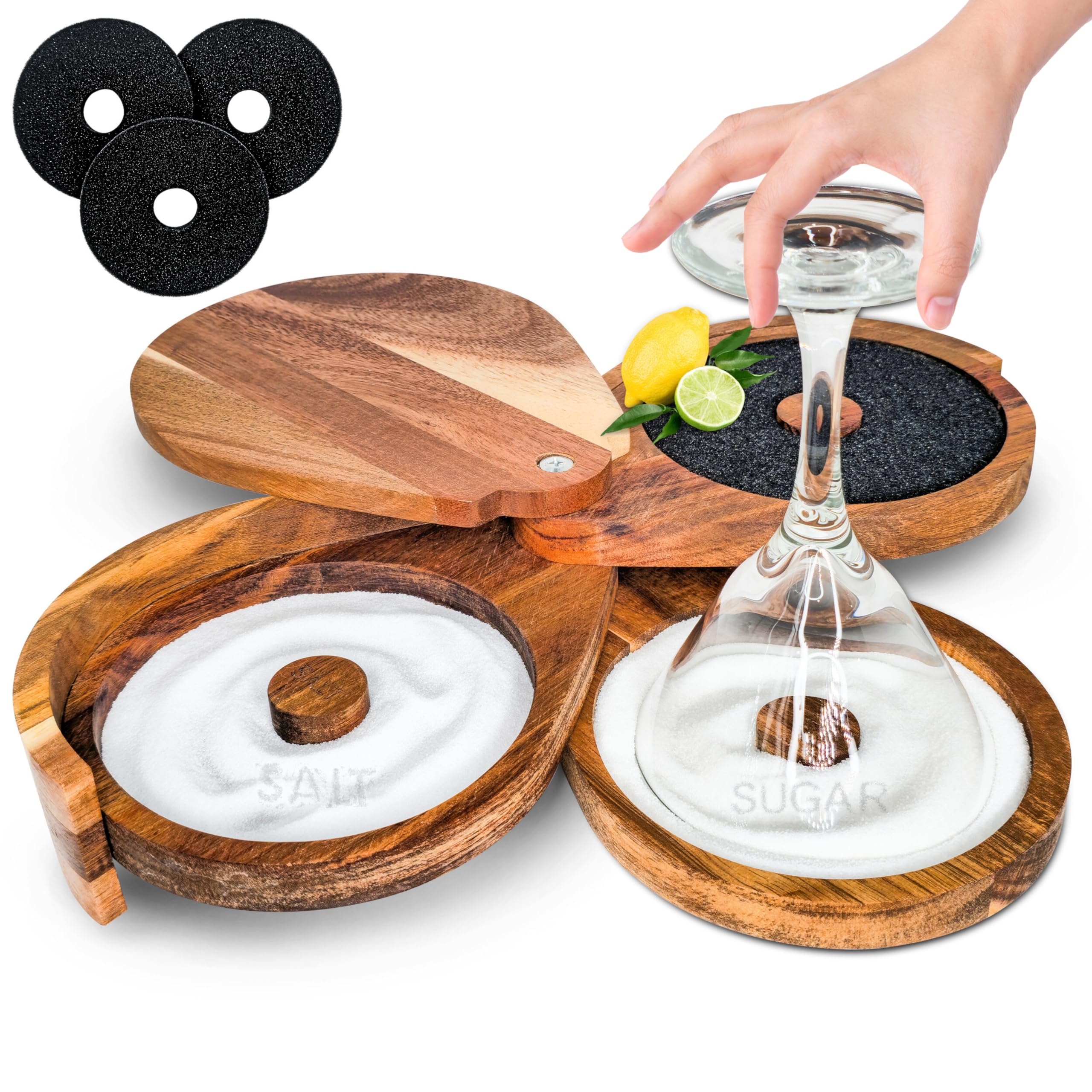 Margarita Salt Rimmer Set for Cocktails | 3 Tier Acacia Wood Glass Rimmer for Salt/Sugar/Lime Seasoning for Bloody Mary, Tequila | Drink Accessories for Bar (With Sponges)