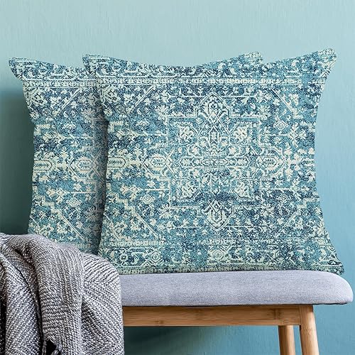 Miniatura 2 de AEIOAE Juego de 2 fundas de almohada bohemias de 18 x 18 pulgadas, fundas de cojín con patrón de alfombra, diseño étnico verde azulado, fundas